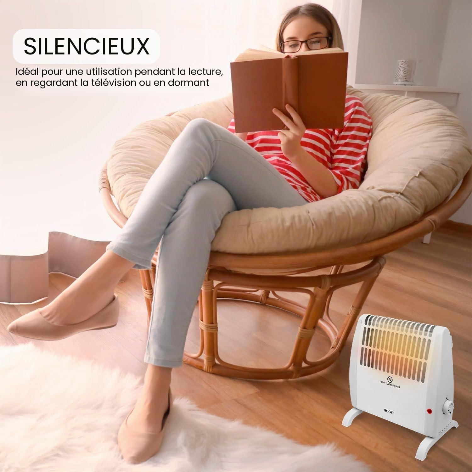 Sogo Poêle à convection, chaleur instantanée et silencieuse, thermostat réglable, protection contre la surchauffe, blanc, compact (27,5 x 18 x 27,8 cm), idéal pour les petits espaces (SS-18405)