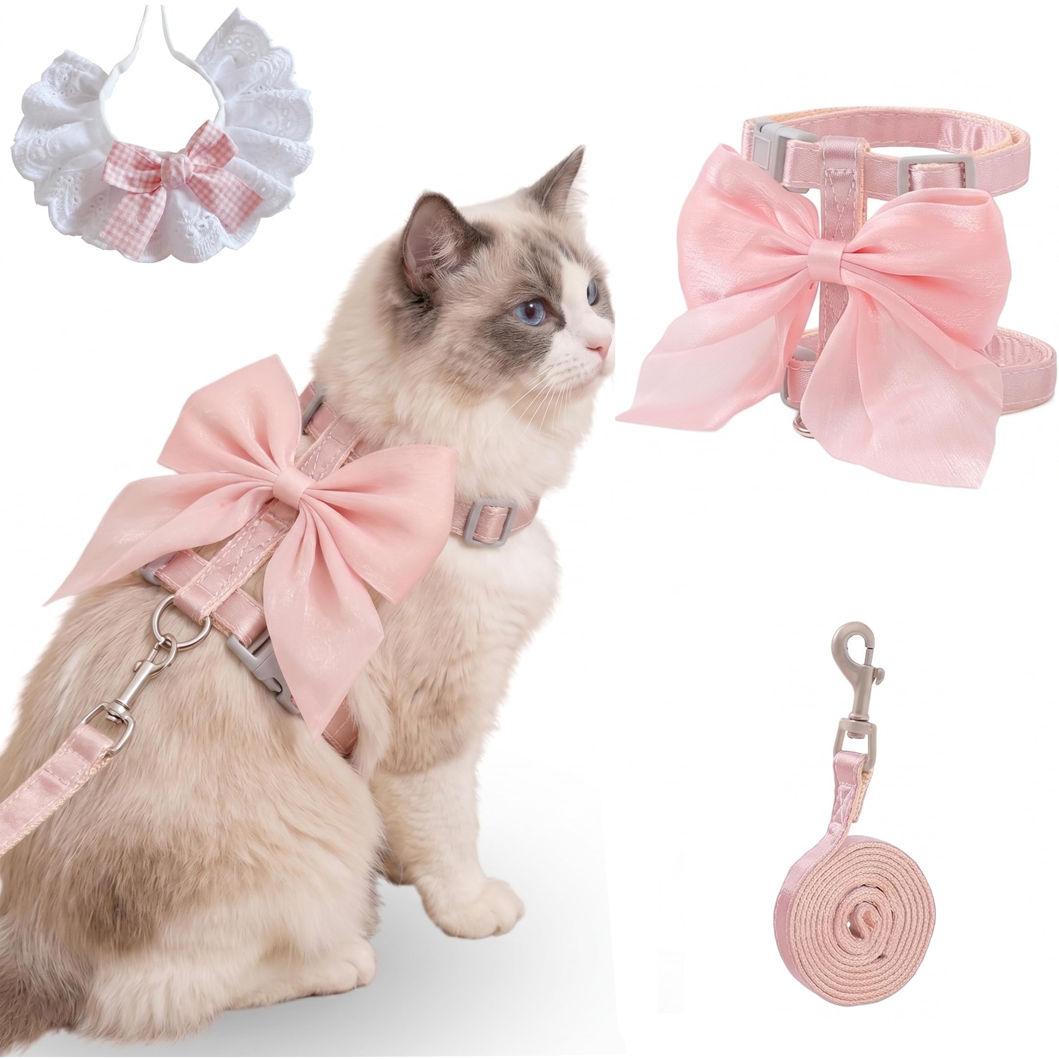 Escape Proof Cat Harness and Leash Set, Adjustable Pink Bow Kitten