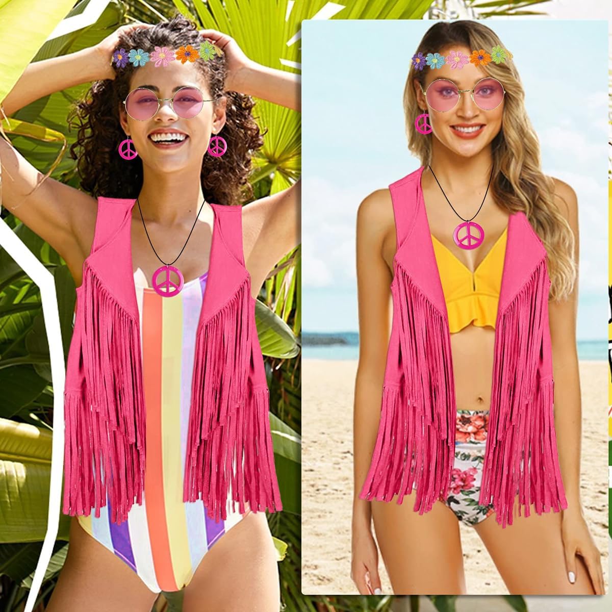 PROMOTED TO BIG SISTER 60s 70s Outfits for Women Disco Hippie Clothes Woman Peace Sign Earring Headband Fringe Vest - Image 3
