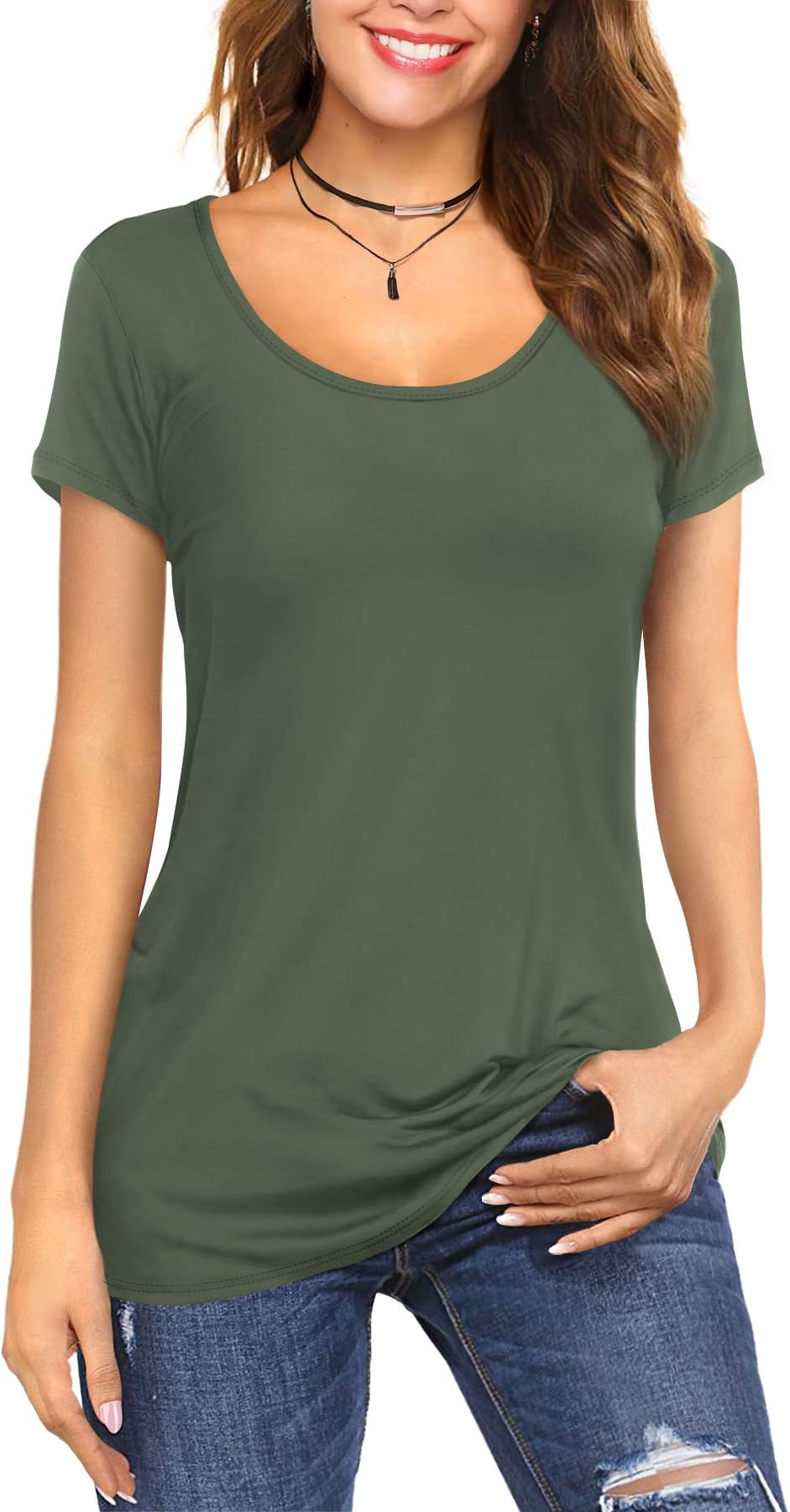 Amoretu Women's Scoop Neck Short Sleeve Tees Cotton T Shirts Blouses Tops