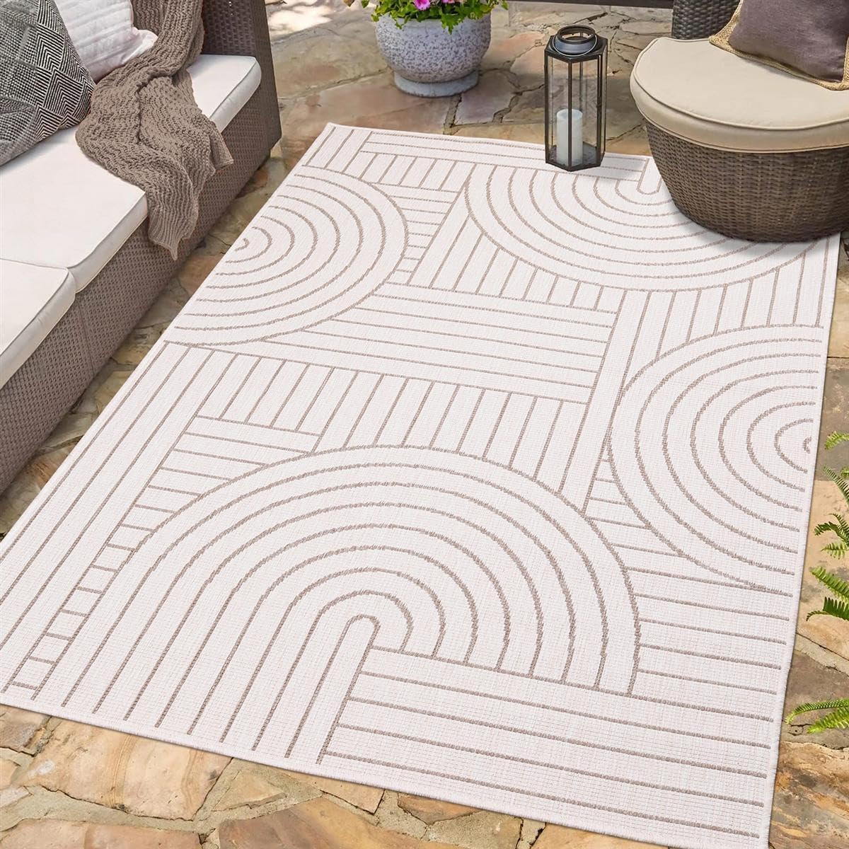 Tapis d'extérieur résistant motif rayures chic crème 120x170