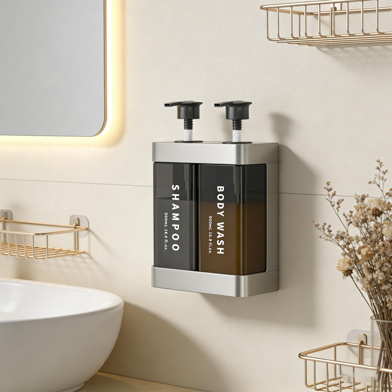 Dispenser di Sapone per Doccia, capacità di 500 Ml a 2 Camere per Montaggio da Tavolo o a Parete, Dispenser per Pompa per Balsamo per Shampoo, per il Bagno di Casa Dell'hotel