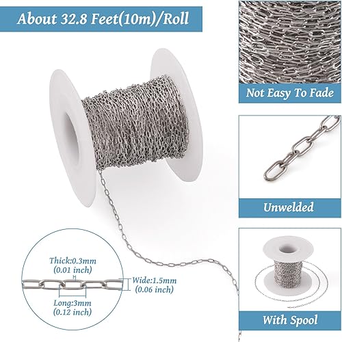 Miniatura 5 de Pandahall - Cadenas de clip de acero inoxidable 304 de 32.8 pies de 0.118 x 0.051 x 0.012 in con carrete para hacer joyas de bricolaje (color acero