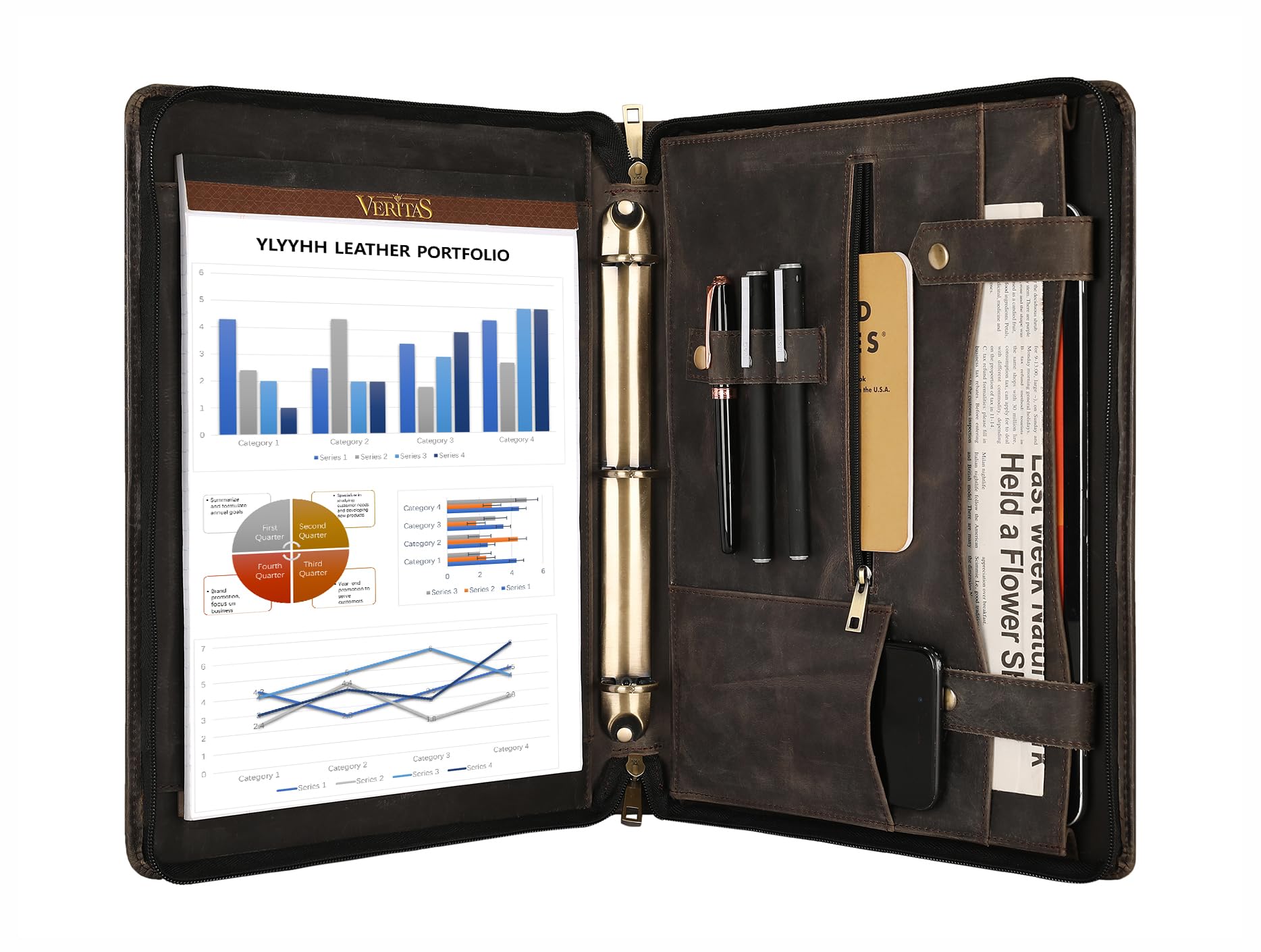Portefeuille en cuir fait à la main pour homme et femme, porte-documents personnalisé en cuir pour gaucher avec porte-bloc-notes A4 (gris, non personnalisé)