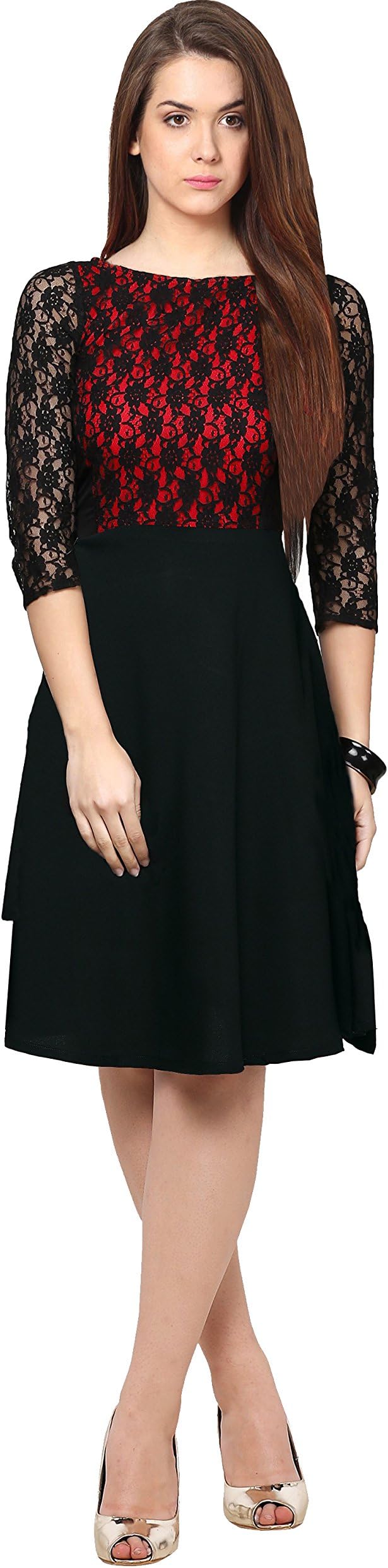 Shiv Retail Women's Crepe Net A-Line Short Dress (Black and Red, Small)