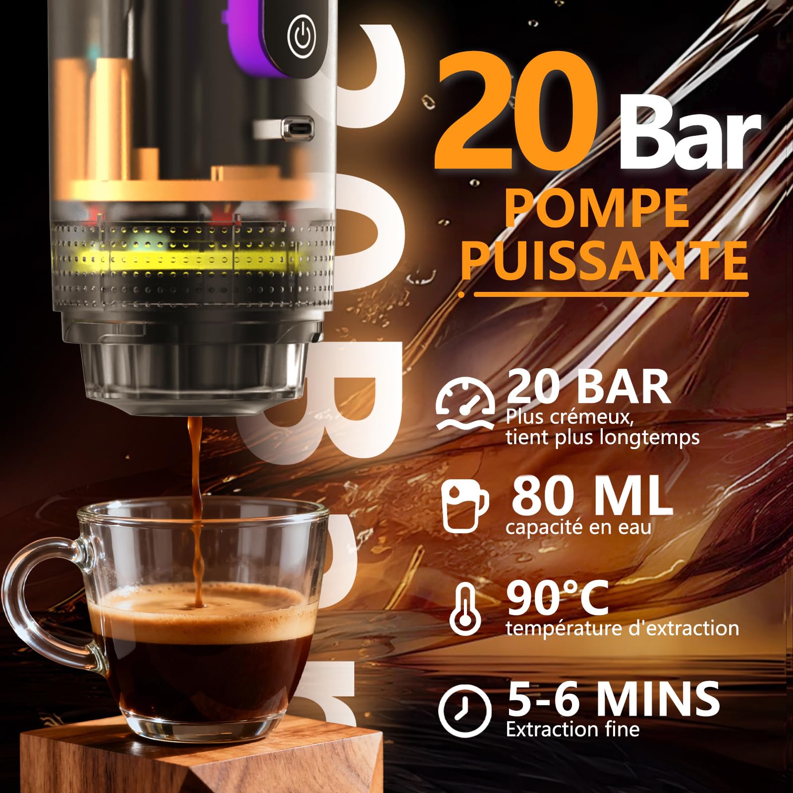 Machine à Cafe Portable, Convient pour Maison, Pour Voyage,Camping,Voiture | Compatible avec les NS/DG Capsules Espresso et Poudre de Café, 20Bar, Auto-Chauffage de 4 à 6 Minutes, Rechargeable