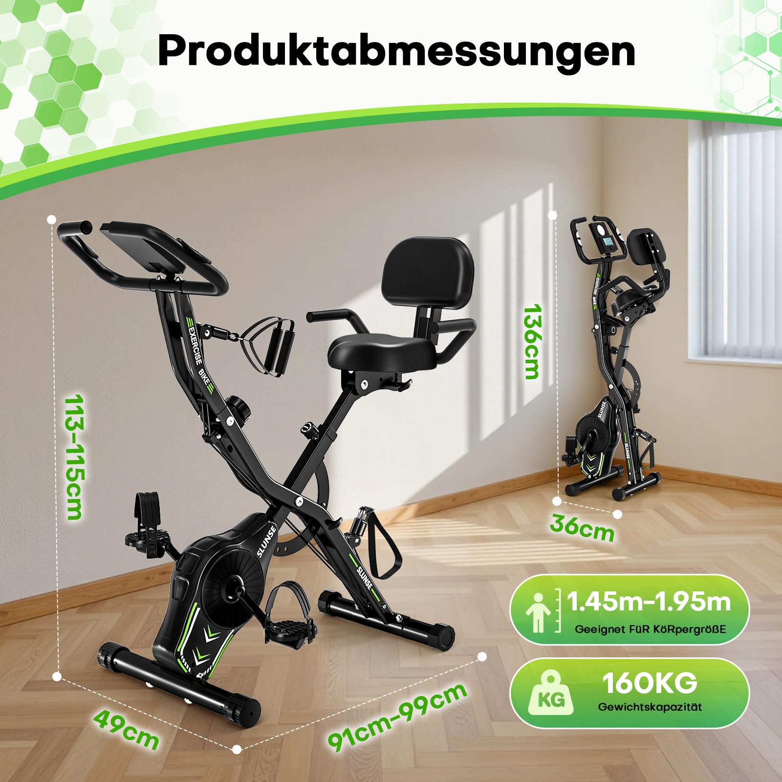 Heimtrainer Fahrrad, SLUNSE Neues 5-in-1 Hometrainer Fahrrad Klappbar, Ergometer Heimtrainer mit 16-fach Magnetwiderstand, Leise & Bequem, LCD-Display, Belastbar bis 160kg, Home Trainer