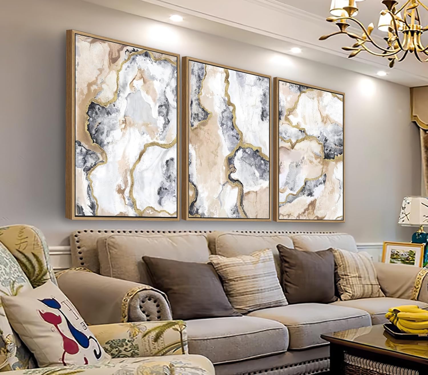 arteWOODS Abstract Framed Wall Art -Abstract Marble Canvas Pictures Wall Decor Modern Luxurious Gray White Gold Painting Artwork Prints for Living Room Bedroom Decor 24 x 16in * 3 Natural Wood Frame