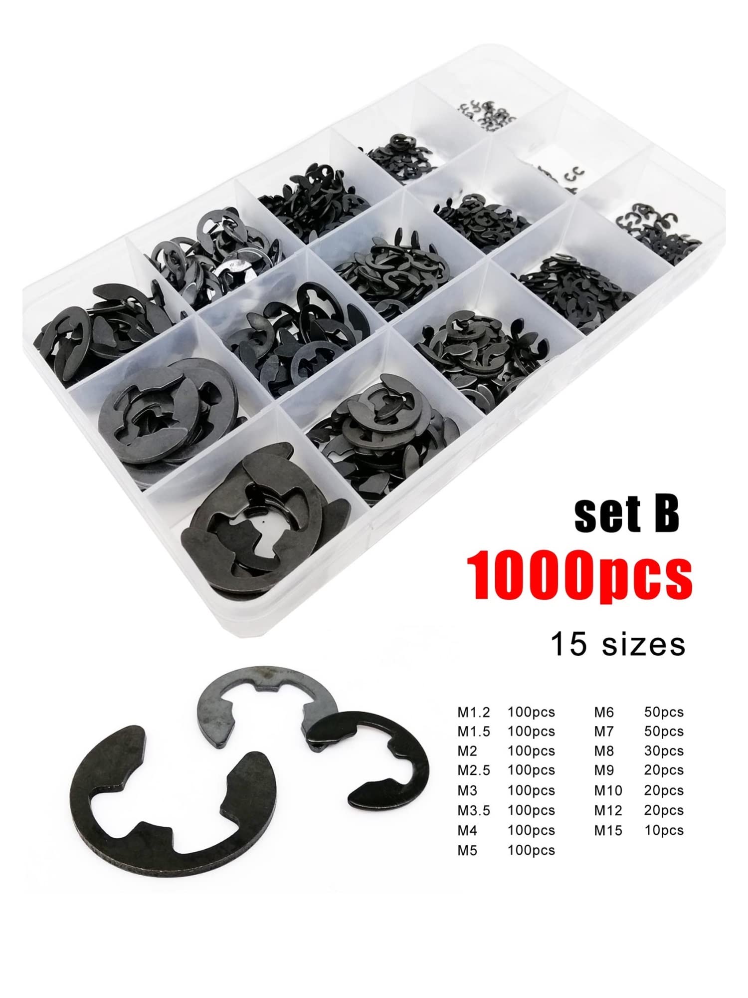 580/1000 Uds M1.2 M1.5 M2 M3 M4 M5 M6 M10 M12 M15 Eje de Acero al Carbono retención Externa Bloqueo E Clip a presión arandela de Seguridad (Color : Set B 1000pcs, Size : 1)