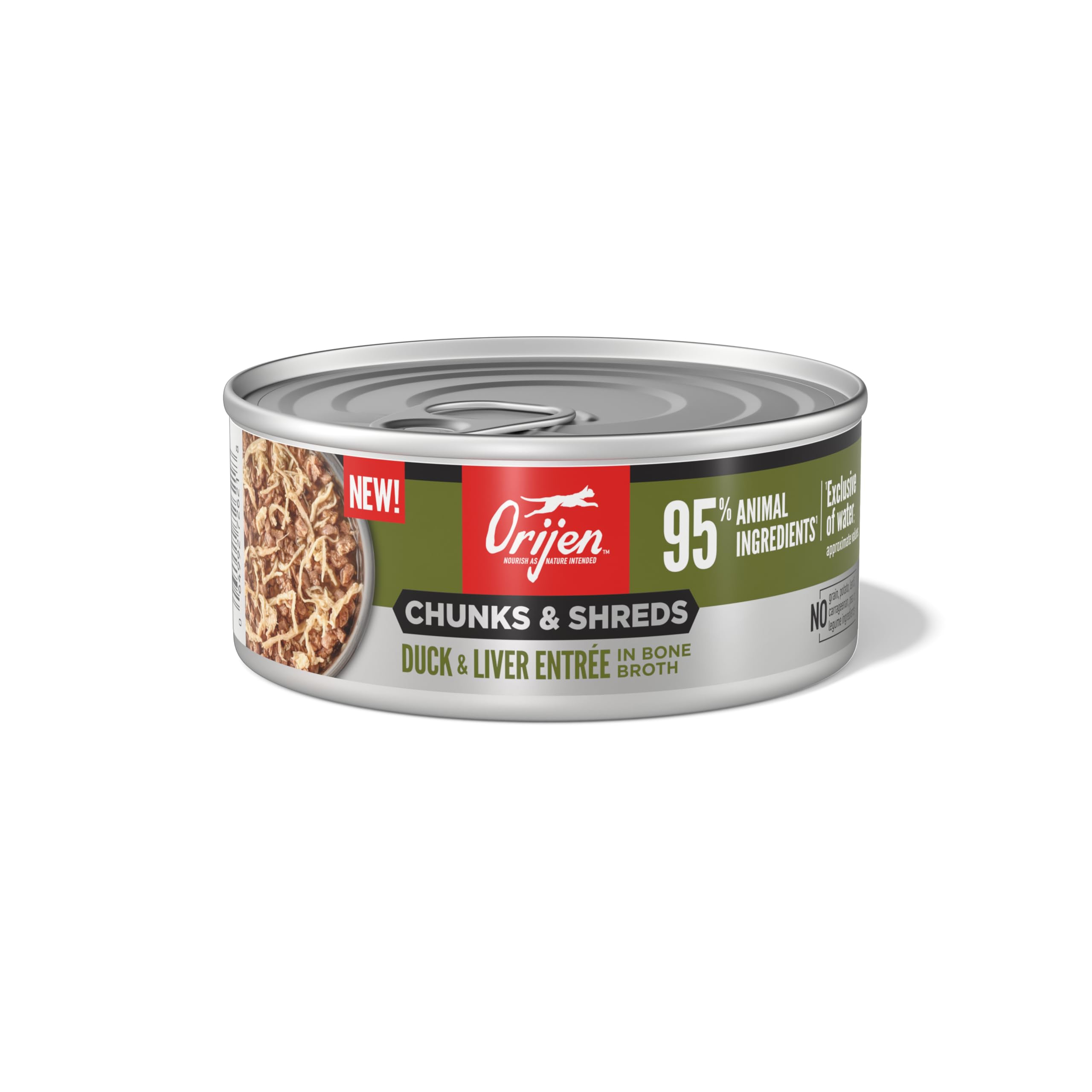 ORIJEN Chunks & Shreds Duck & Liver Entrée, 5.5oz, case of 6 cans