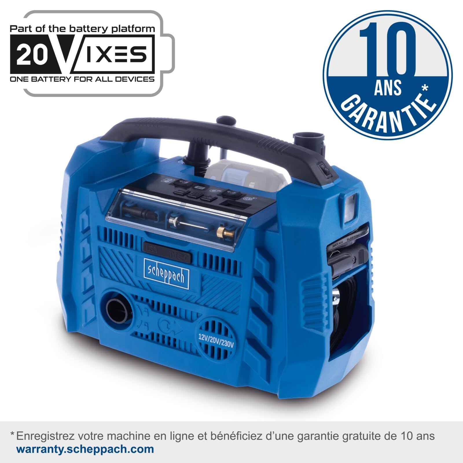 Scheppach Compresseur sans fil Airforce 6 20 V - Débit d'air 21 l/min - Tuyau haute pression 75 cm - 3 types d'entraînement - Port USB-A et USB-C - Série IXES 20 V - Avec batterie 4 Ah et chargeur 2,4