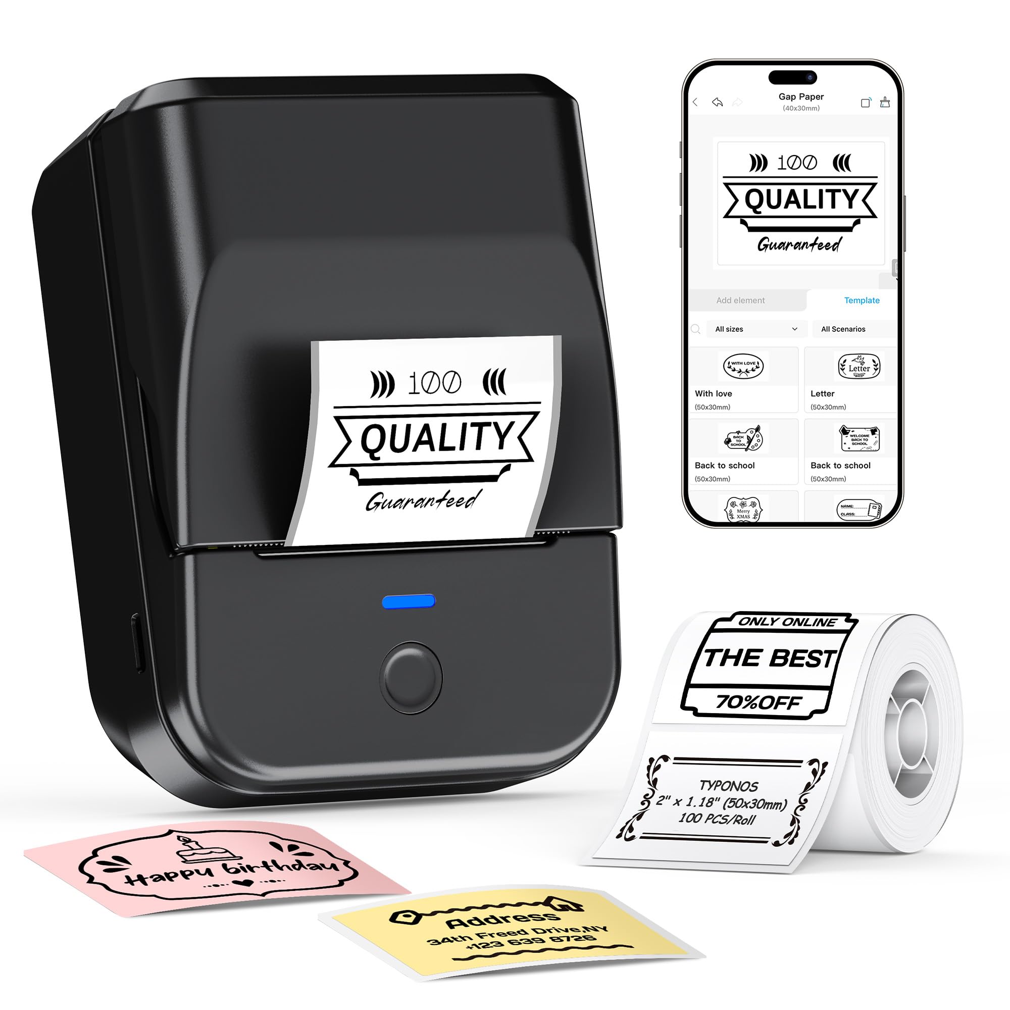TYPONOS PM240 Etikettendrucker Bluetooth,2 Zoll Aufkleber Drucker,Wiederaufladbar Label Printer,Labeldrucker,Sticker Drucker,Etikettiergerät mit Mehreren Vorlagen für Geschäft Büro Schule Heim DIY