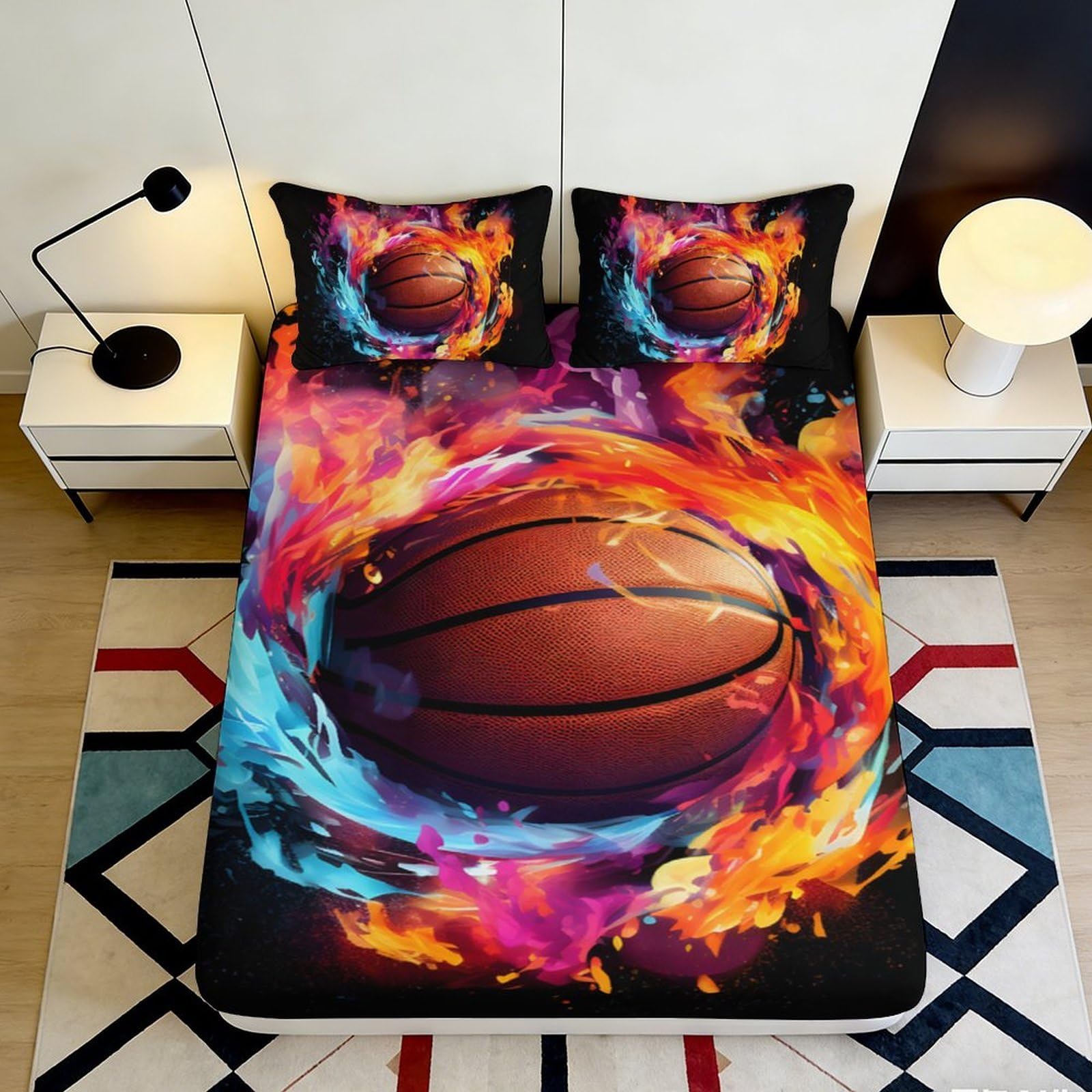 3D Printed Flaming Basketball Fitted Sheet Microfiber Soft Breathable Colorful Fire Design Bed Cover for Bedroom Dormitory Guest Room Mattress Protection 180x200x25cm