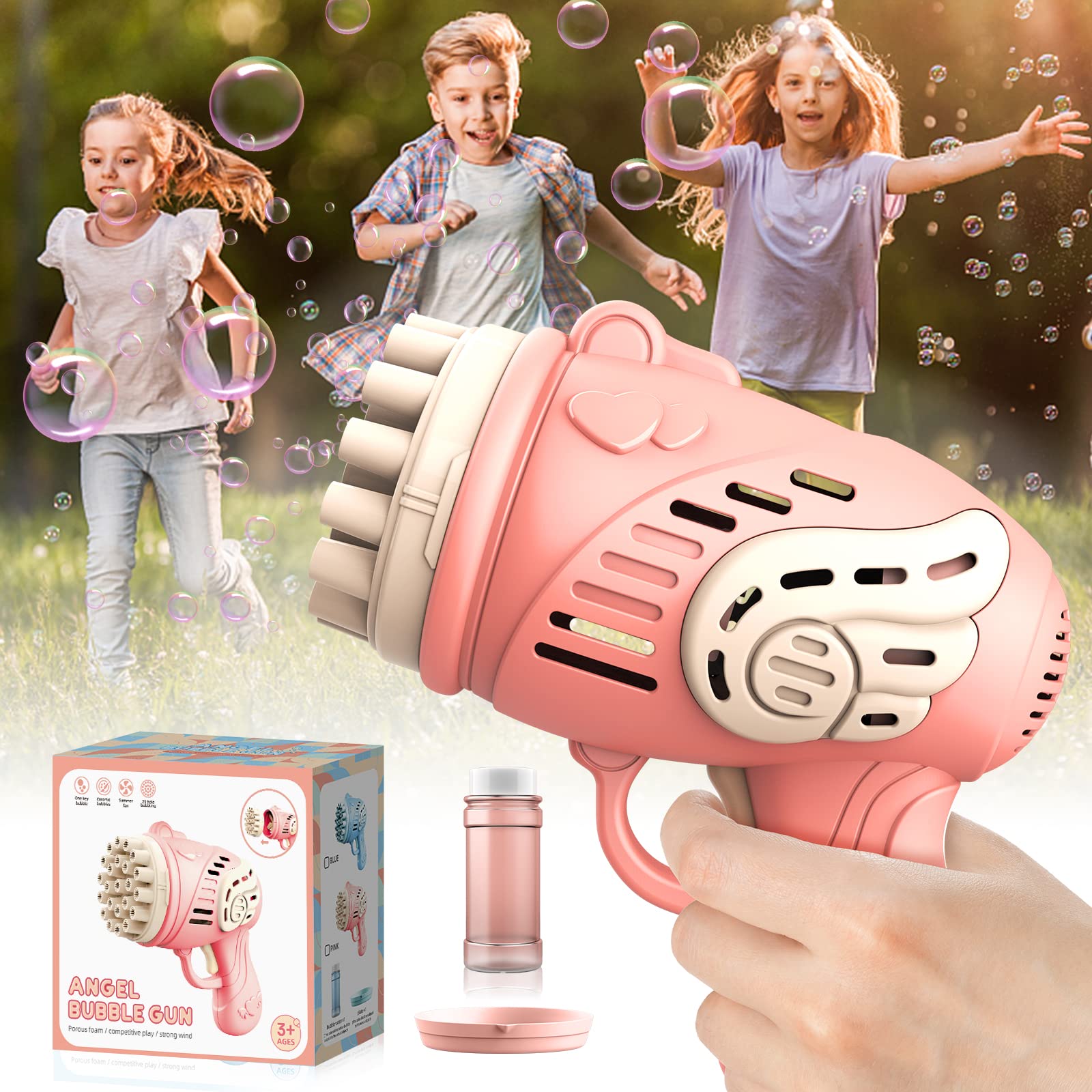 Photo 1 of Bubble Machine Gun - New 23 Holes Bubble Machine with Bubble Refill Solution for Kids Toddlers, Handheld Bubble Maker Portable Bubble Blaster with 2X Speed for Kids Party Favors Birthday Gift (Pink)