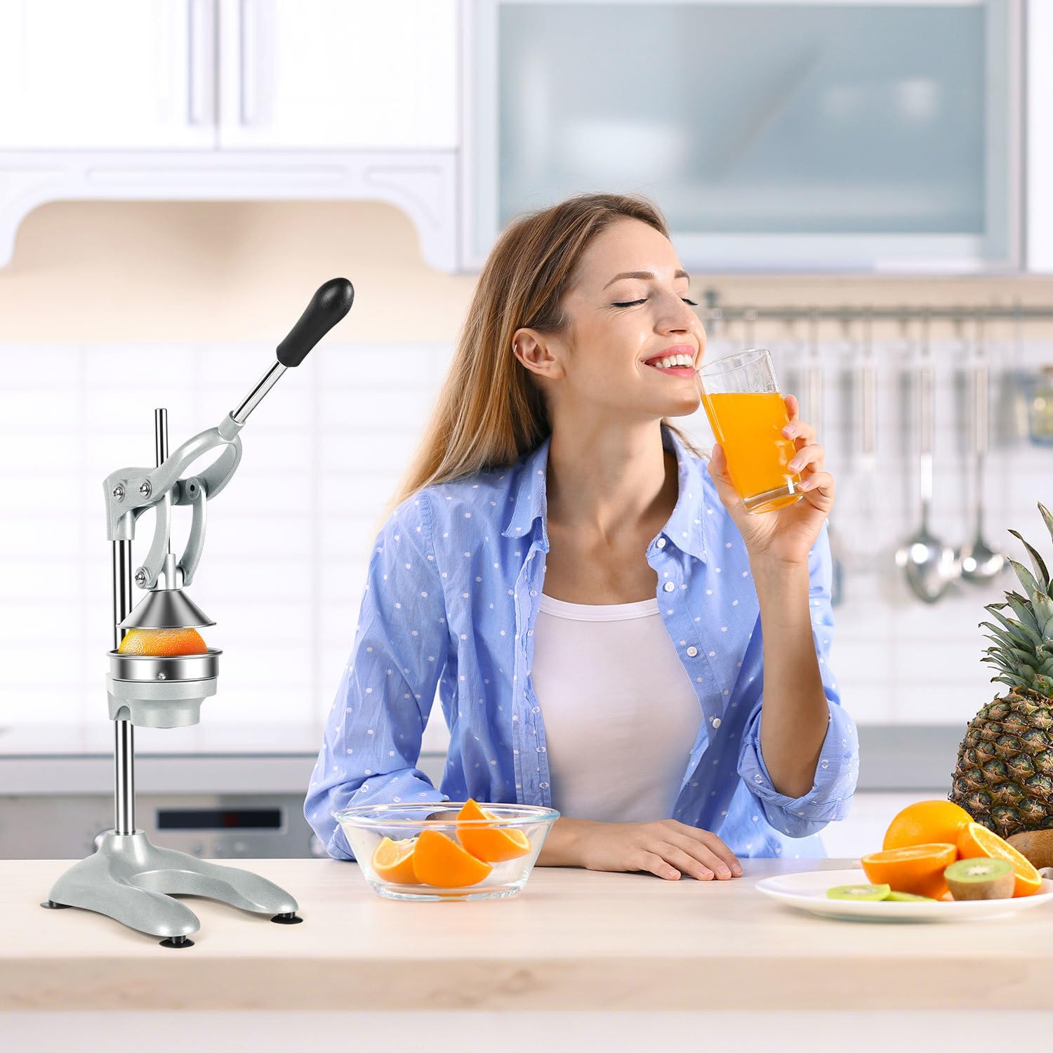 Entsafter manuell,Orangenpresse und Fruchtpresse mit Hebel | 2 Pressköpfe für verschiedene Früchte,mit Hebel und Saugnapf,45 cm hoch,Trichter und Sieb aus 304 Edelstahl