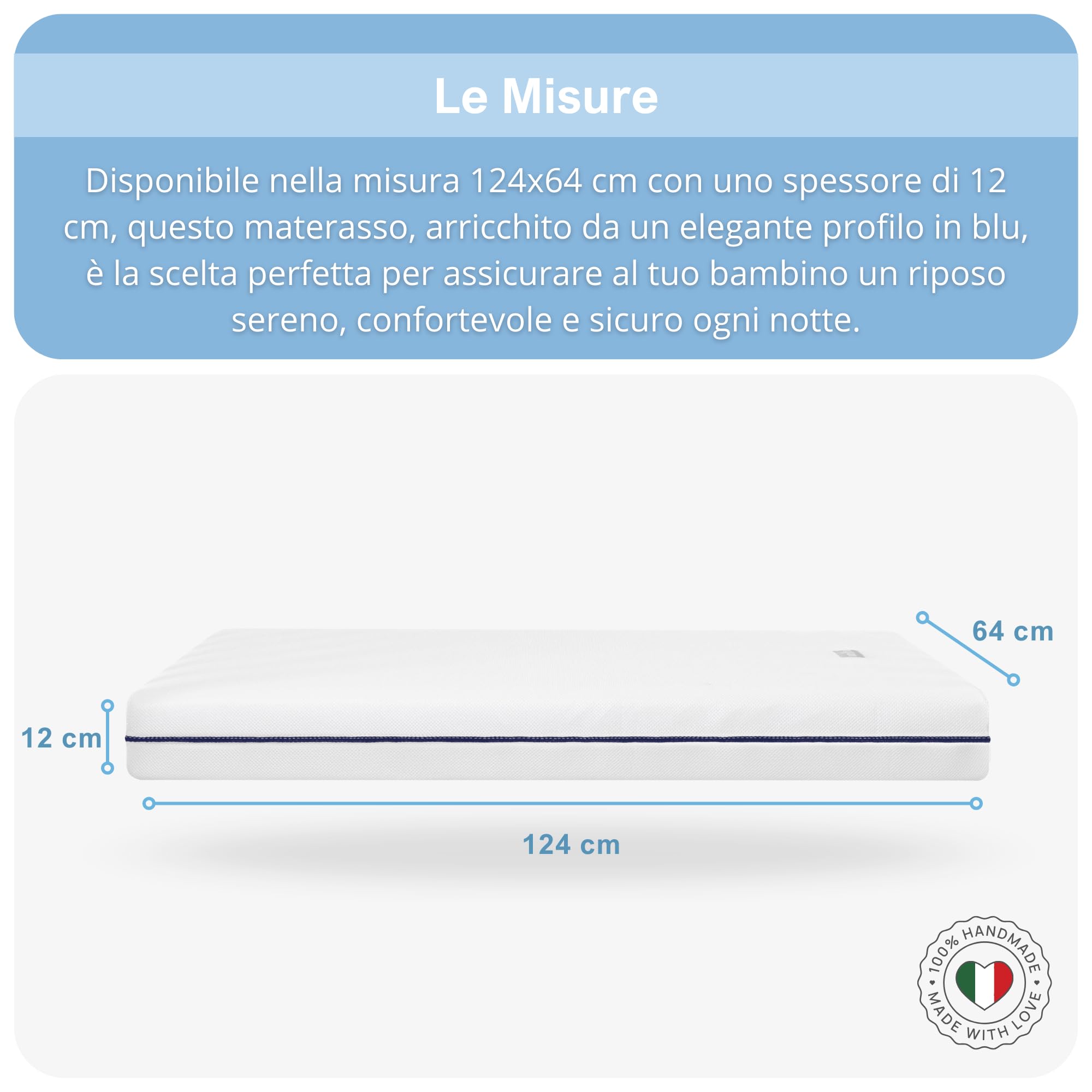 baby idea Materasso Lettino Neonato Antisoffoco Sfoderabile a Norma EN16890:2017+A1:2021 Lavabile Materasso Culla Neonato Ipoallergenico, Ergonomico per tutte le Stagioni (Bianco/Blu, 64x124)