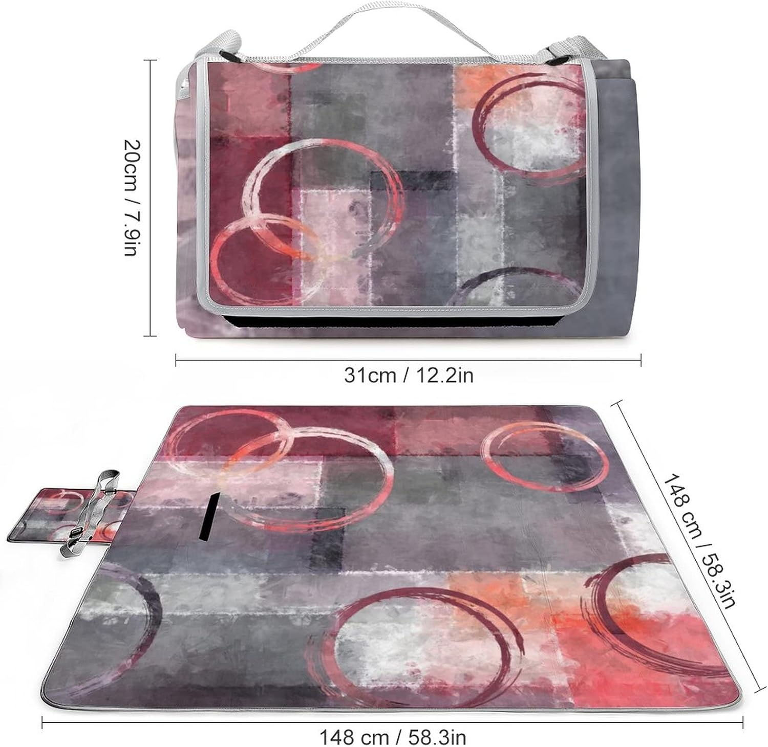 Red Grey Modern PortableAnd Extra Large Picnic & Outdoor Blanket Abstract Art Painting Cool Watercolor Geometric Graffiti Tie Dye for Outdoor Picnics, Beach, Camping 58.3x58.3 Inch