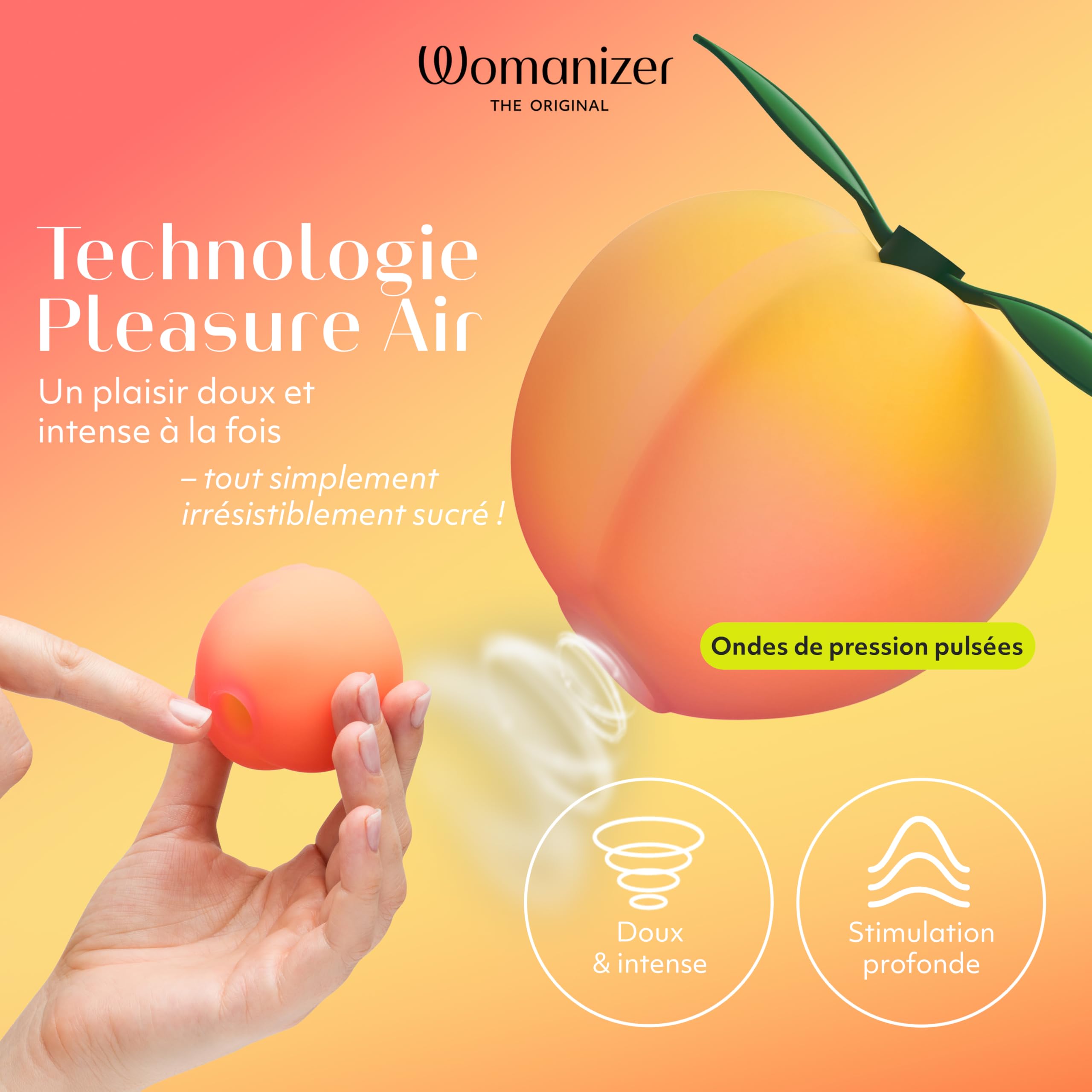 Womanizer Peach Stimulateur Clitoridien | Vibromasseur à Ondes de Pression Air Pulse | 14 niveaux | Rechargeable USB | étanche IPX7 | Avec câble de charge et support | Design Pêche | Autonomie 60 min