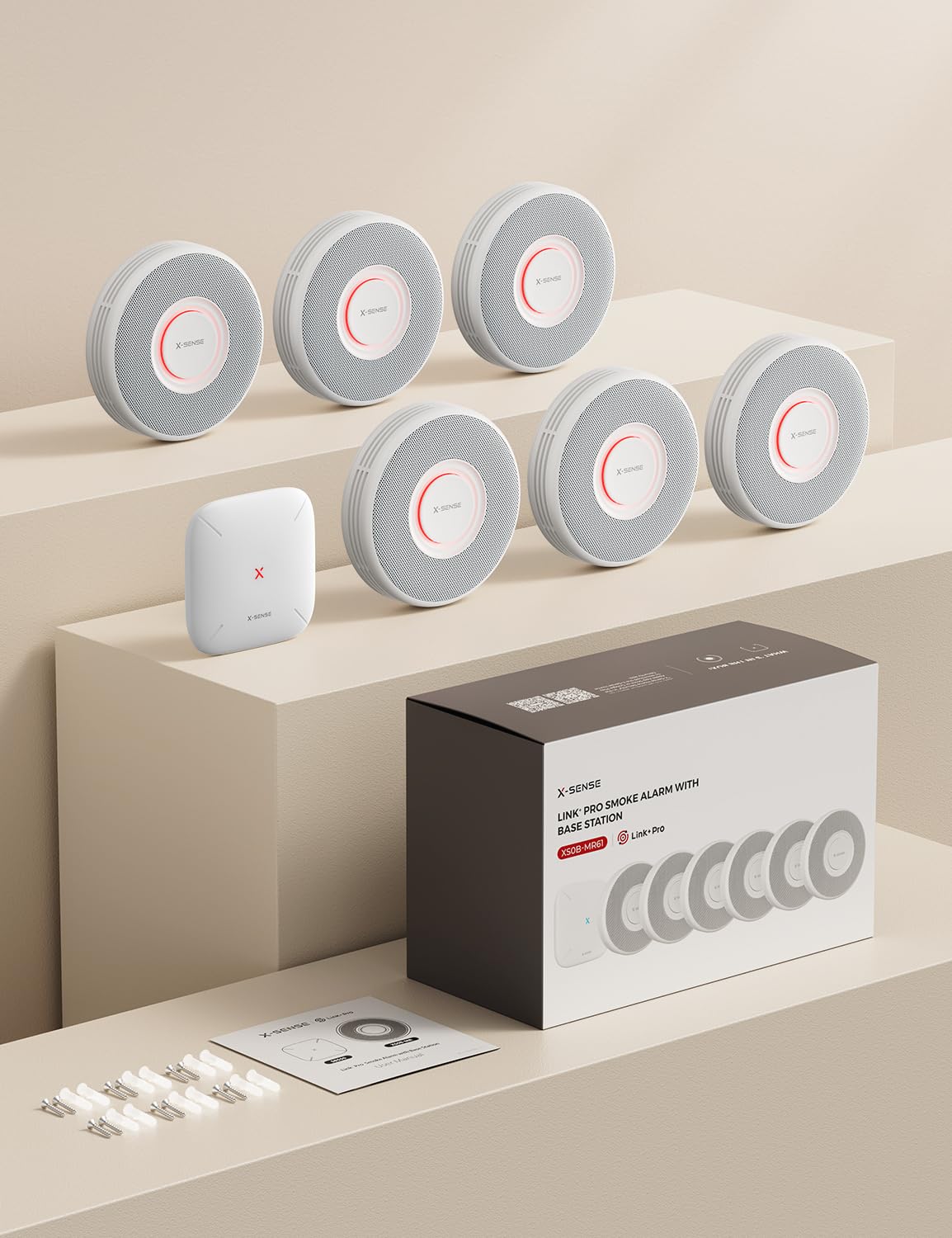 X-Sense Smarter Rauchmelder WLAN mit Sprachausgabe und 17 Standorten, Feuermelder, Rauchmelder vernetzt, 33 mm, Brandmelder mit SBS50 Basisstation, XS0B-MR61, 6 Stück