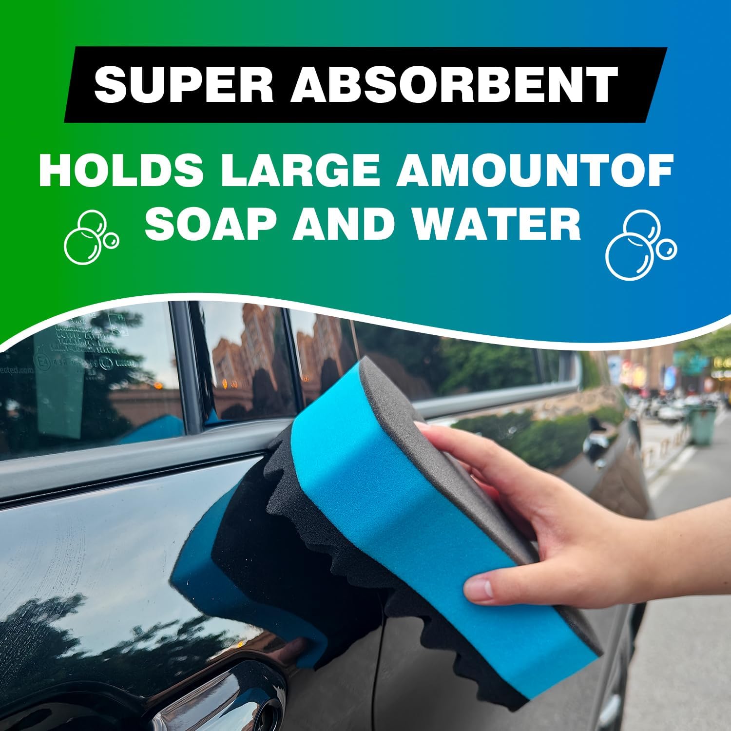 Car Wash Sponge 3 Pack, Three-Texture Car Cleaning Sponges with Soft Absorbent Side and Bug Remover Scrub Side, Foam Wash Pads for Cars, Trucks, SUVs, Windshield, Bumper, Wheels - Blue