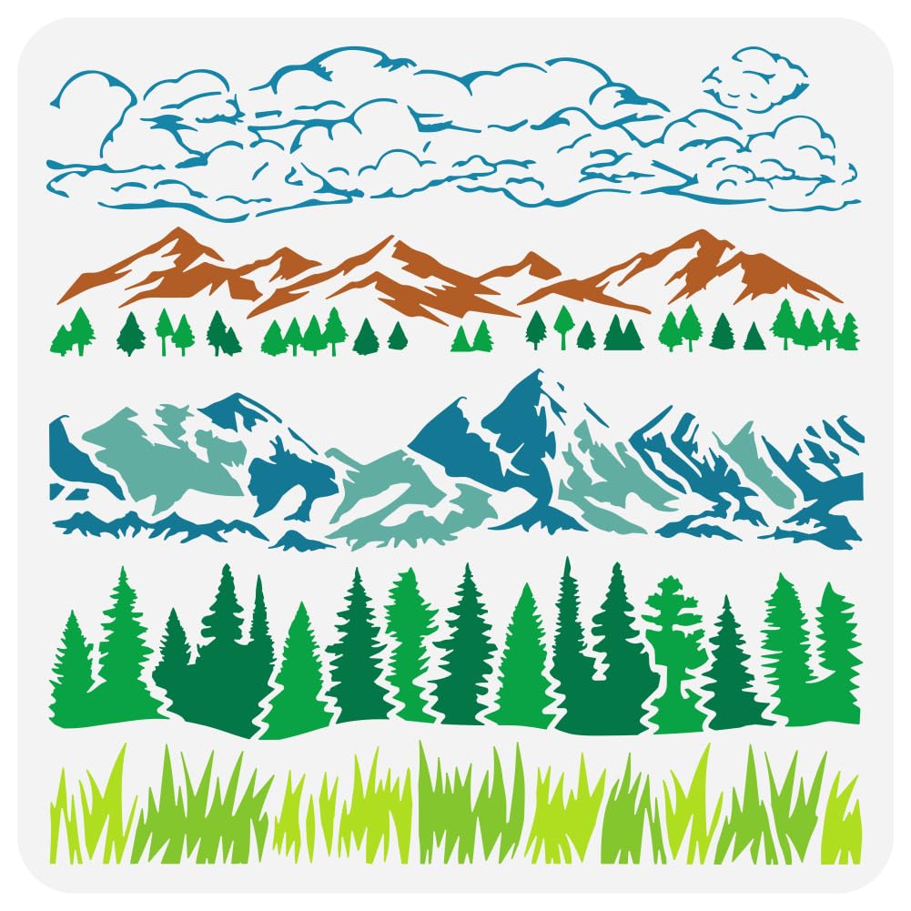 FINGERINSPIRE Natural Scenery Border Painting Stencil 11.8x11.8inch Reusable Grass Pine Trees Mountains Clouds Pattern Drawing Template Decor Stencil for Painting on Wood Wall Paper Furniture — image 1
