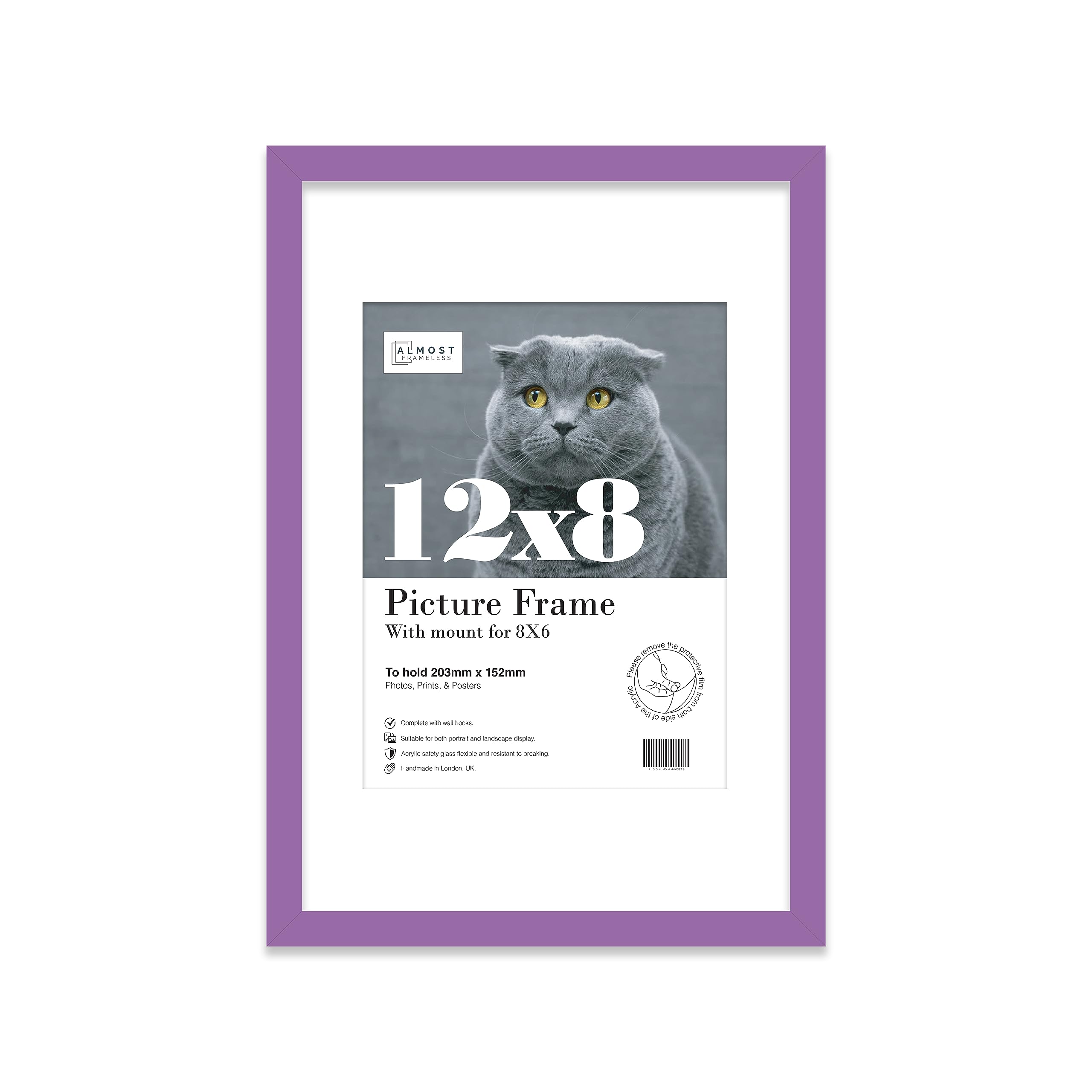 Almost Frameless 12x8 Purple Picture Frame With Mount for 8x6 Print, Poster or Photo Poster, Photo, Artwork, or Print. Thin Edge Slim Frame Portrait and Landscape Display with Wall Hooks