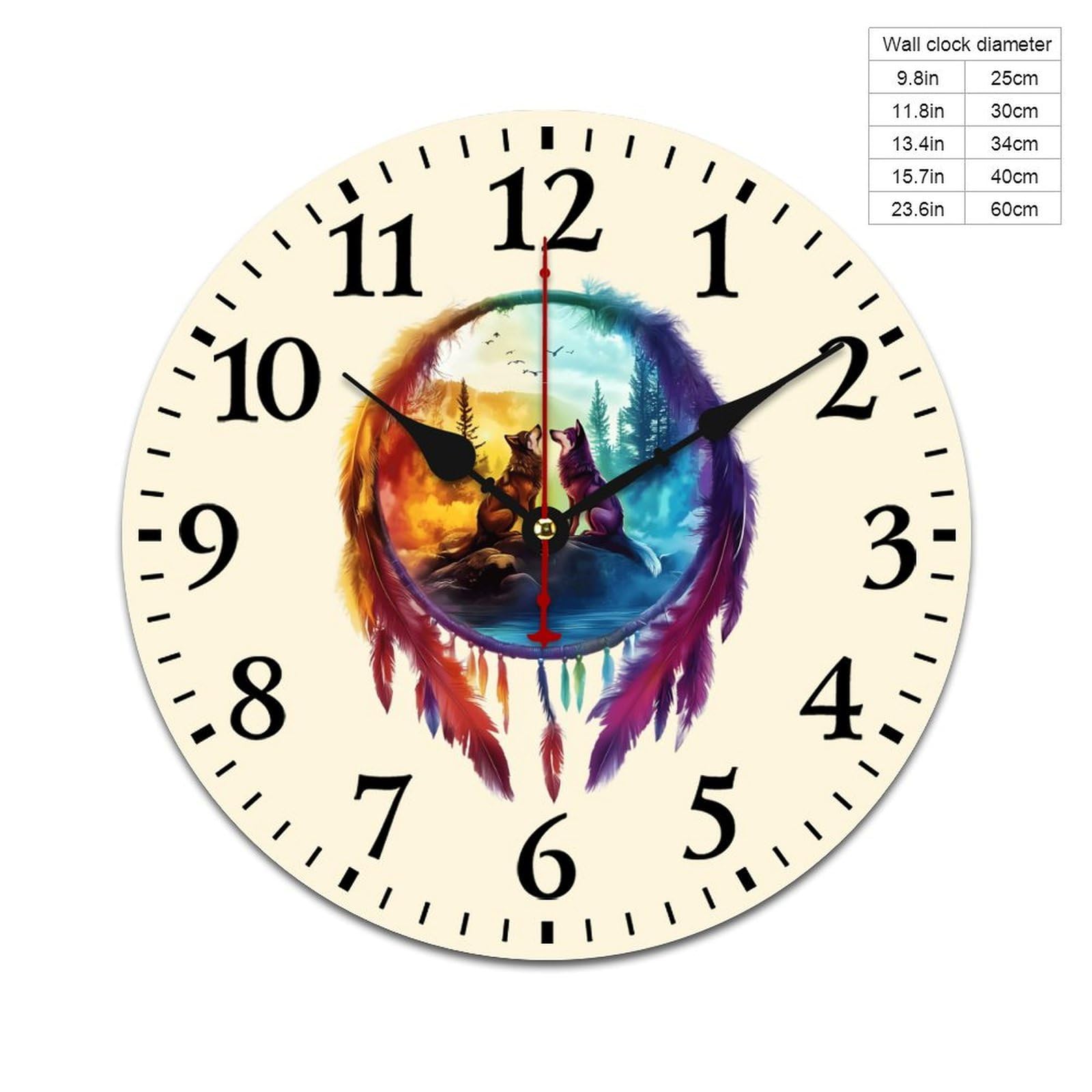 Wolf bunte Traumfänger-Wanduhr aus Holz, nicht tickend, batteriebetrieben, für Büro, Wohnzimmer, Schlafzimmer, Küche