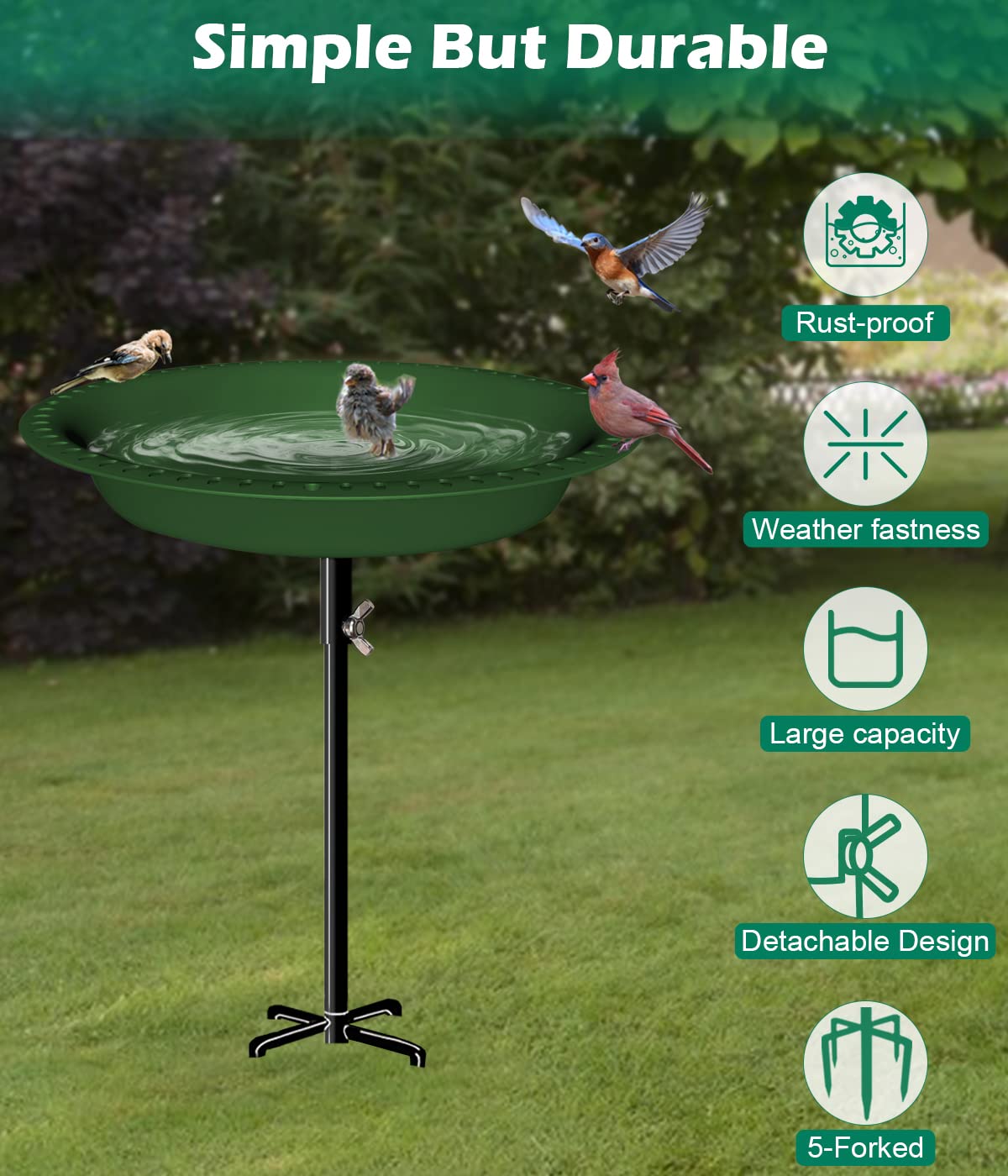 Bain d'oiseaux amovible de 73,6 cm de hauteur avec support en métal, bol ovale pour oiseaux et mangeoire à oiseaux avec base à 5 dents pour jardin extérieur, vert