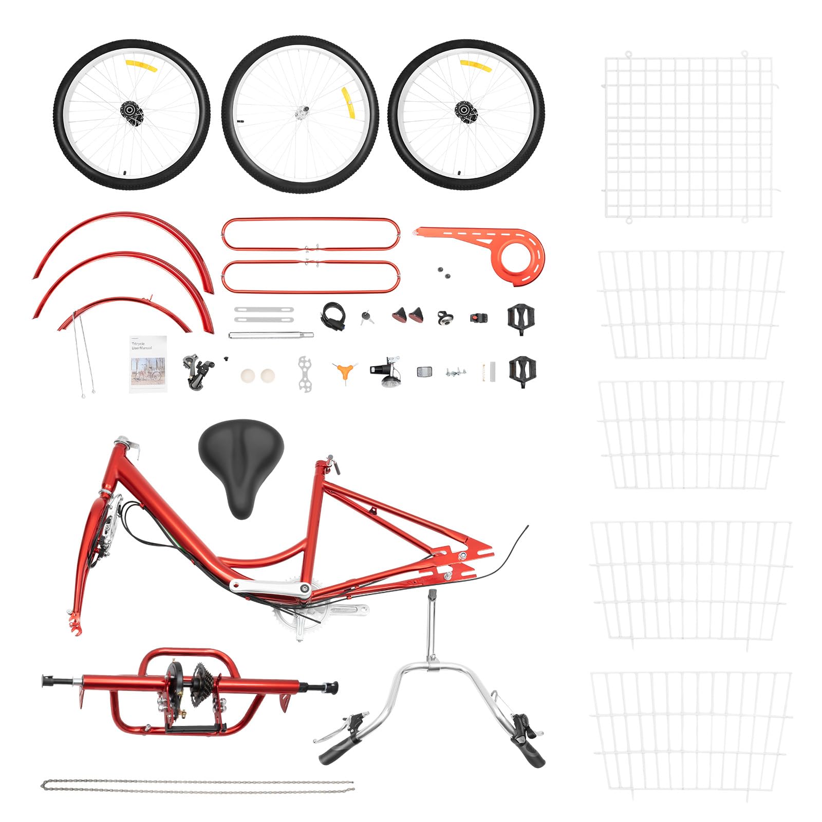 Triciclo rojo para adultos, bicicleta de 3 ruedas de 24 pulgadas con cesta de la compra y luz, 6 velocidades bicicleta de carga para personas mayores Triciclos de altura ajustable de tres