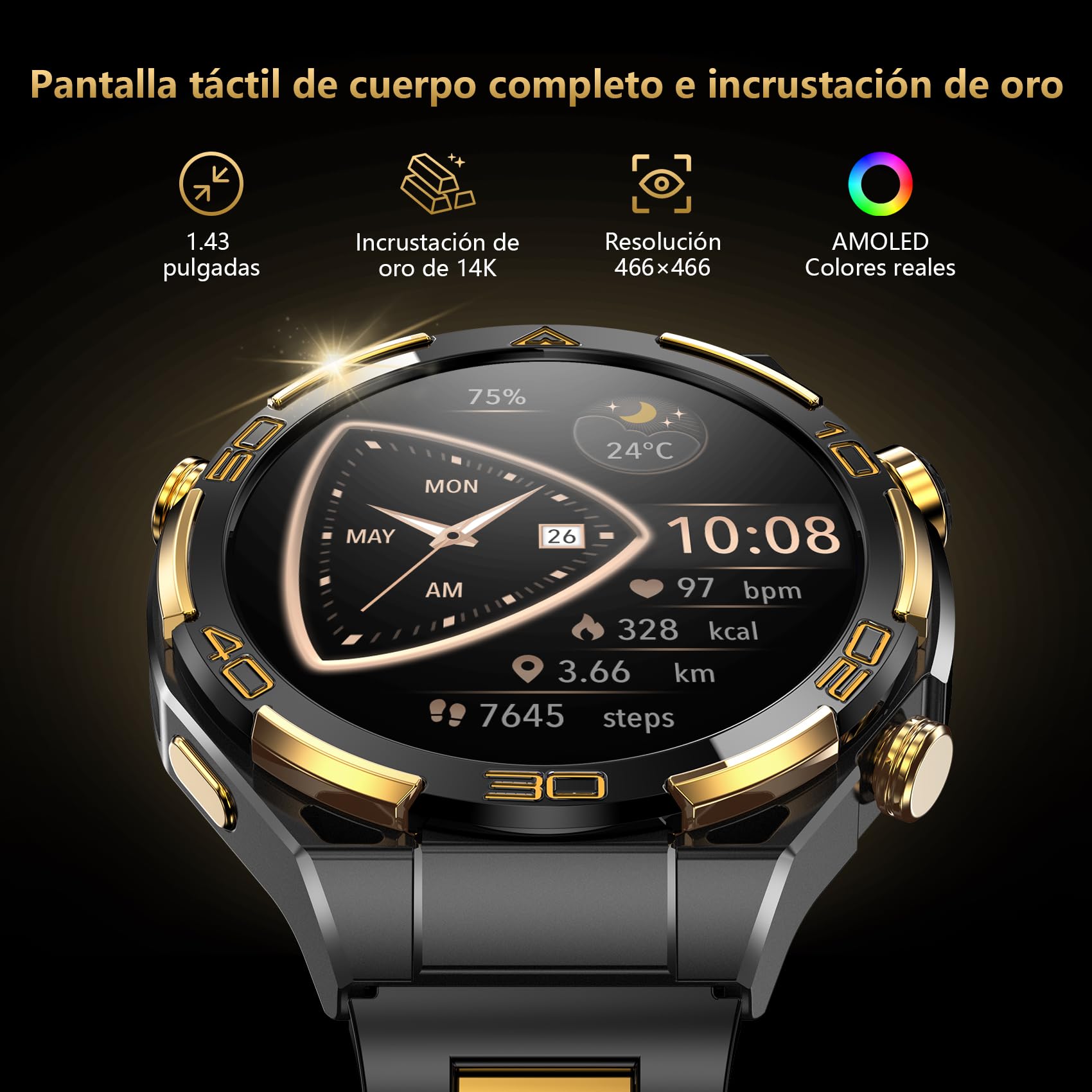 IOWODO Reloj Inteligente Hombre Lujo, Smartwatch 1.43" AMOLED con GPS y Llamadas Bluetooth, Chapado 14K, Linterna y Brújula, 20 Días Batería, Monitor Salud, 327 Esferas,100+ Deportes, IP68, 2 Correas