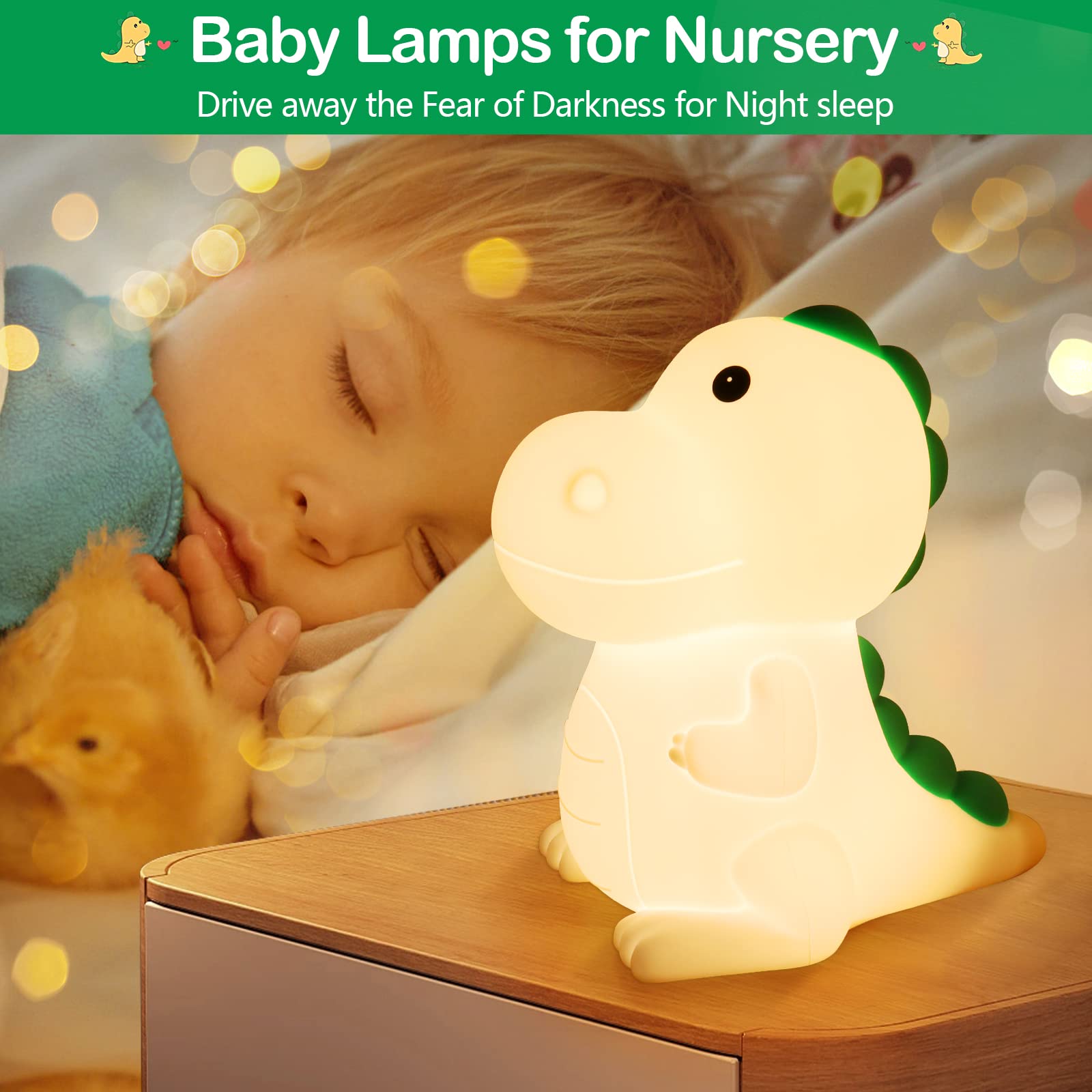 Glovios Luce Notturna Bambini,7 Colori Dinosauro Lampada USB Ricaricabile Lucina Notte,Silicone, Cameretta, Regalo Neonato (Dinosauro)