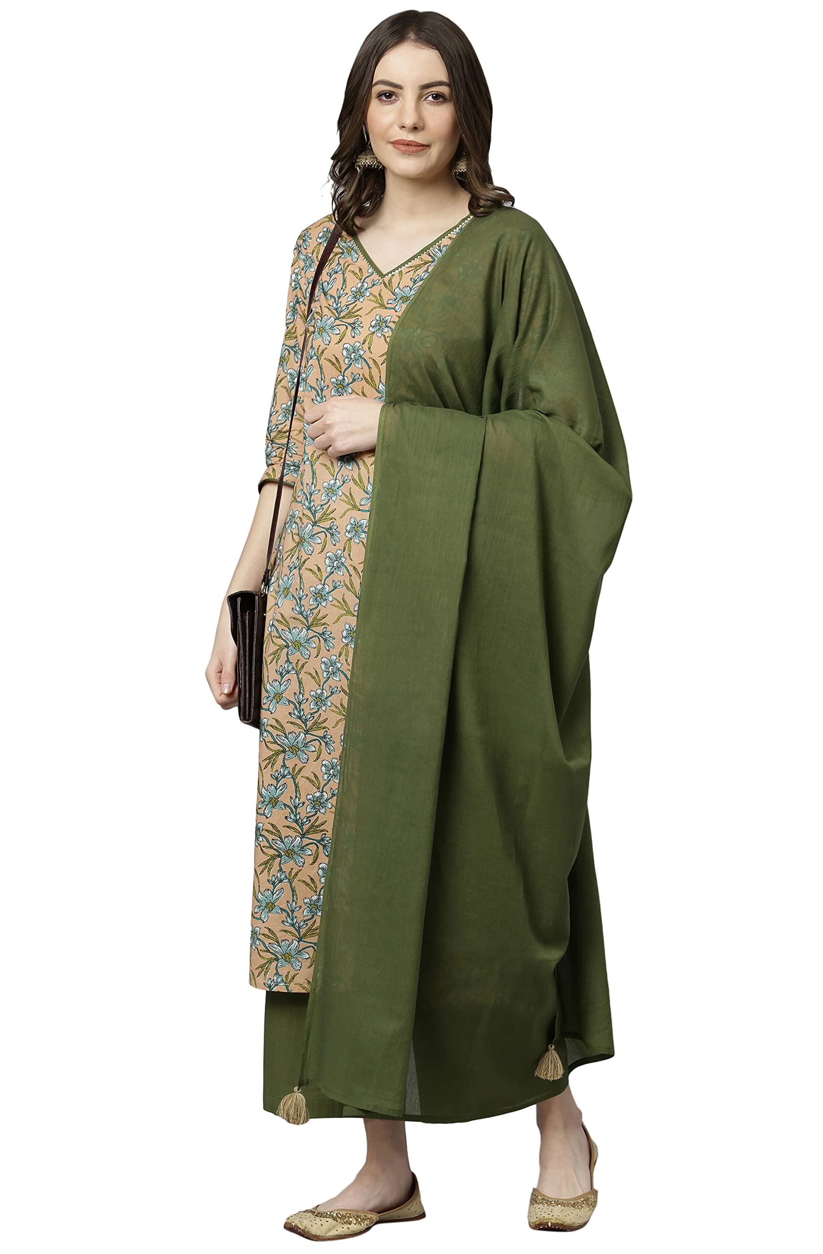 Janasya Women's Teal Blue Cotton Kurta with Pant and Dupatta