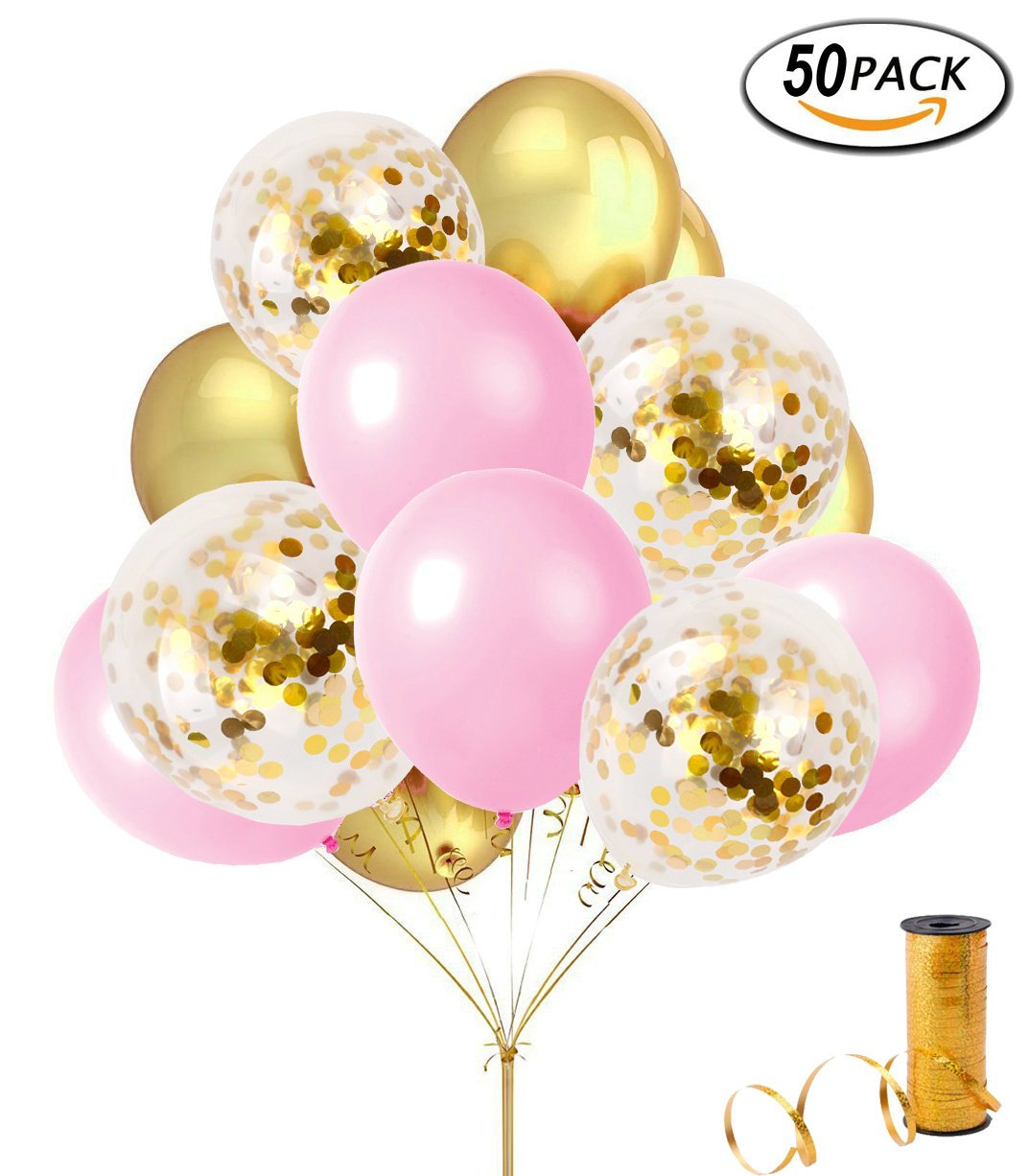 Sorive50 Pcs Confetti Balloons 12'' Gold Foil Pre-Filled with 12'' Gold and Pink Latex Party Balloons and a Roll of Gold Curling Ribbon for Wedding Engagement Birthday Party Events