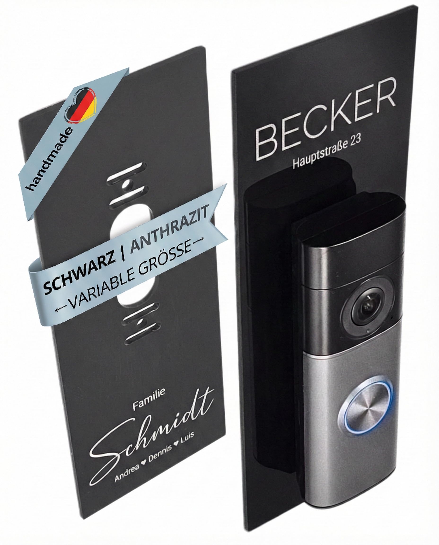 Klingelschild für Ring Akku Videotürklingel, Plus & Pro (Battery Video Doorbell)(neueste Generation, 2.Gen.) personalisiert – Acrylglas Blende mit Wunschgravur – Türklingel Zubehör