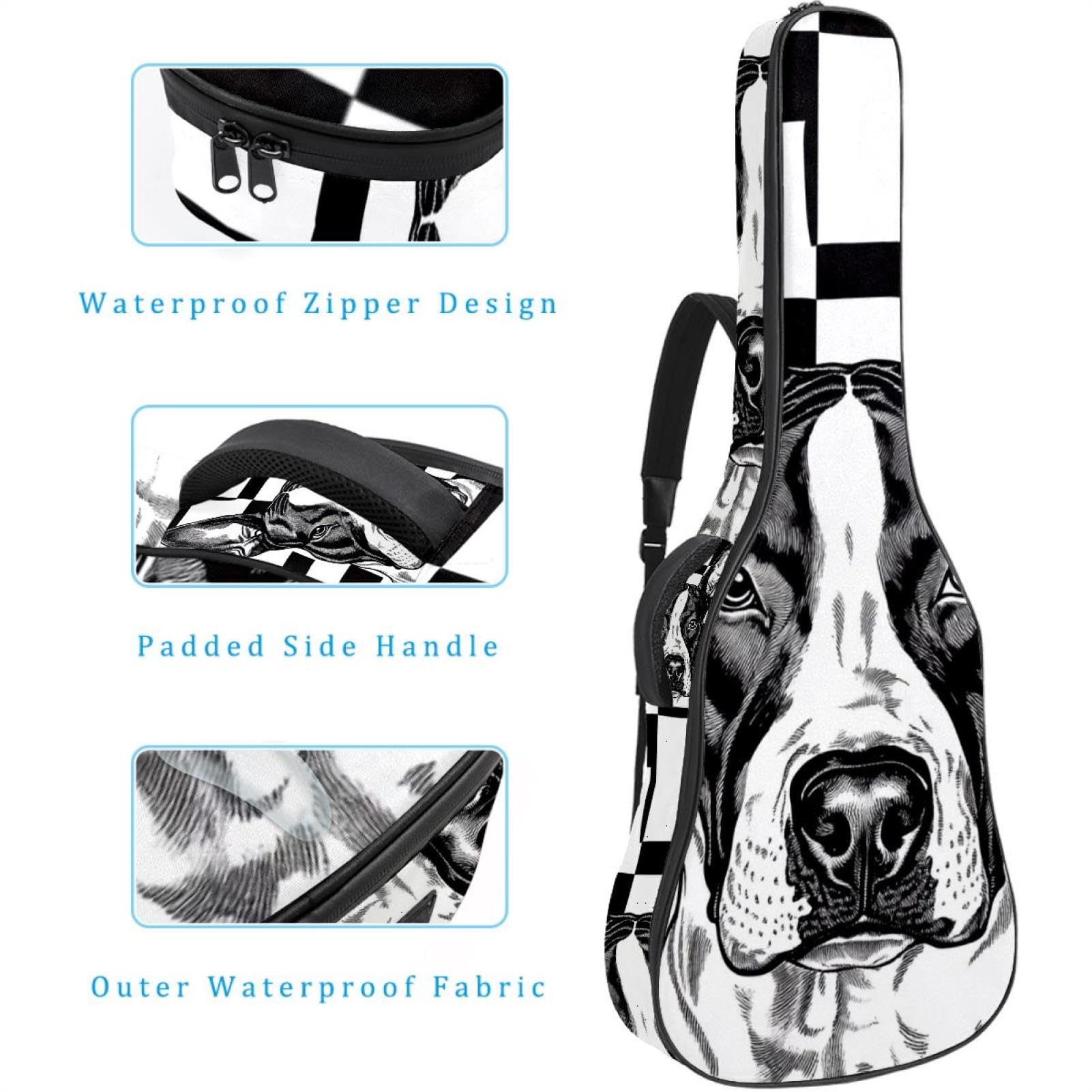 Niedliche Tasche für Akustikgitarren, 2 Taschen, verstellbarer Schultergurt und Rückenaufhänger, geeignet für E-Gitarren, Bassgitarren und klassische Gitarren, Schwarz / Weiß, Niedlicher