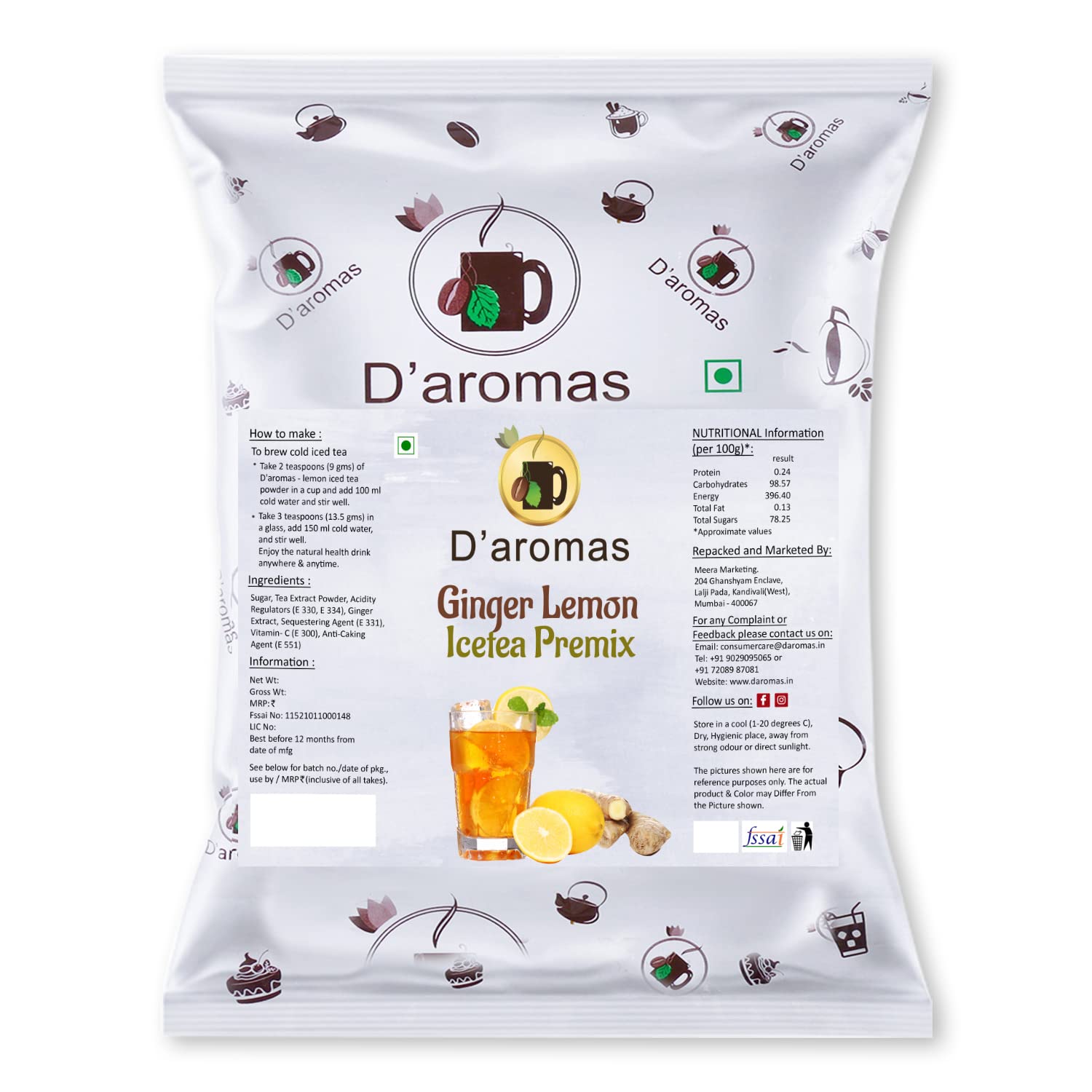 D'aromas Ginger Lemon Ice Tea 1kg, Instant Premix Powder, Ready to Drink Iced Tea, Summer Drink