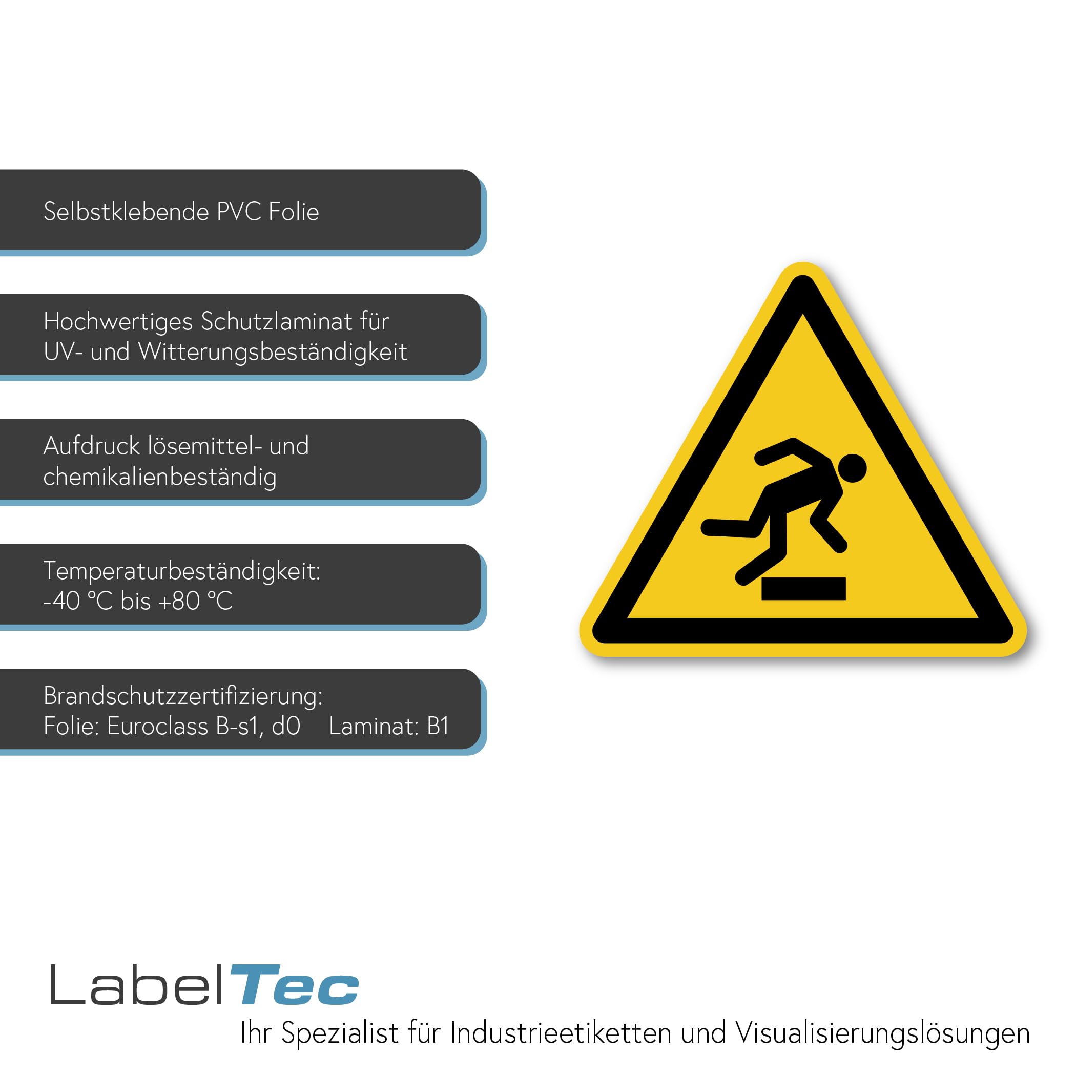 Señal de advertencia de peligro de tropiezos, símbolo de advertencia según DIN EN ISO 7010 W007 – Adhesivo de advertencia autoadhesivo para industria, operación, almacén, construcción