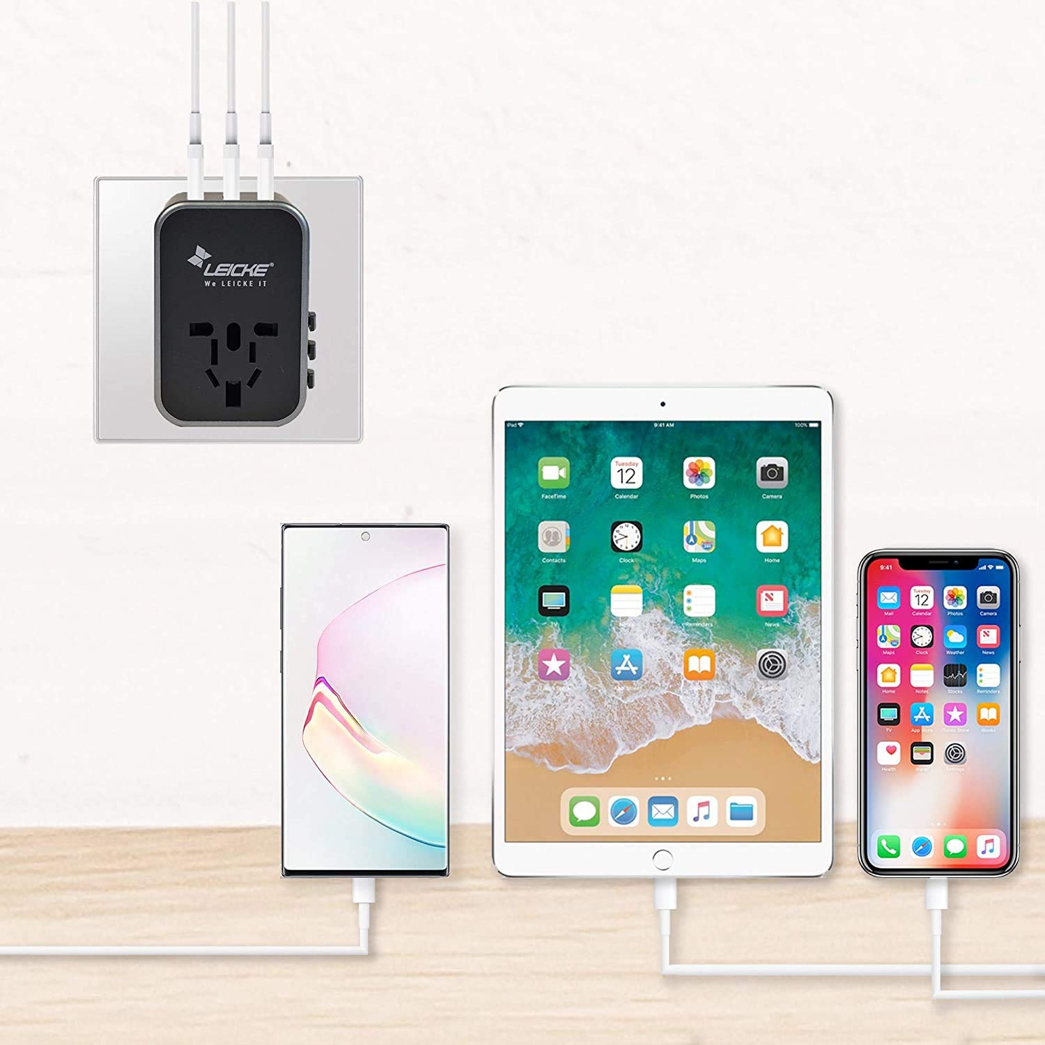 LEICKE Adattatore universale da viaggio,con fusibile di riserva,adattatore da viaggio per 3 connessioni USB A e 2 di tipo C e 1PD/QC e 1 Presa CA per oltre 224 paesi con spine USA/EU/UK/AUS