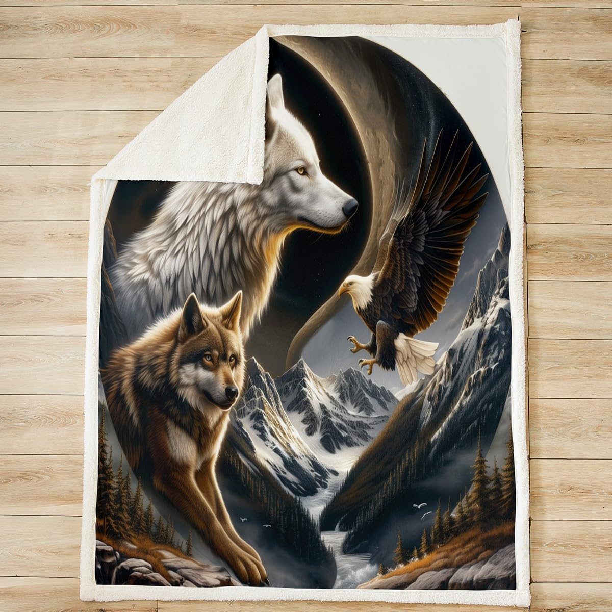 Wild Wolf Eagle Fleece Blanket,Jungle Wildlife Animal Rustic Plush Blanket for Kids Teens,Lovely Room Decor,3D Print Tai Chi Natural Mount Pine Trees Flannel Blanket,Twin 60"x80"