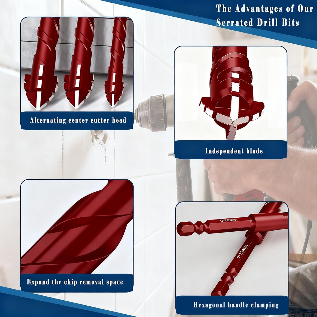 5pc Red 3/8” Serrated Eccentric Masonry Drill Bit, 10mm Serrated Concrete Drill Bit Set for Ceramic Tile Brick Glass Plastic Marble and Wood