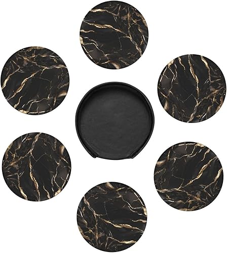 Vista 7 de Drink Coasters Set of 6, Black Gold Marble Printed PU Leather Round Coaster with Holder for Outdoor, Office, Bar, Funny Heat-Resistant Home Desk