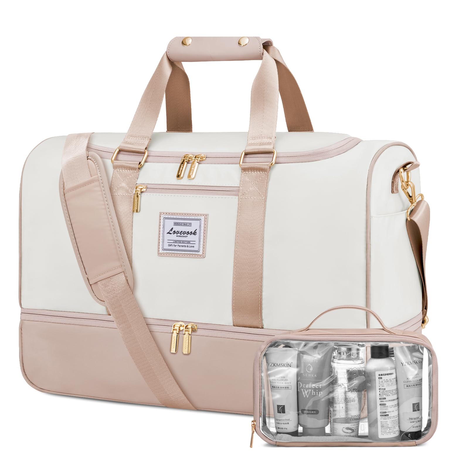 LOVEVOOK Reisetasche Damen, 37L Weekender Travel Bag Kliniktasche Geburt mit Kulturtasche, Schuhfach & Nassfach, Wasserdicht Sporttasche Gym Yoga Bag, Handgepäck Tasche für Sport Urlaub Flugzeug