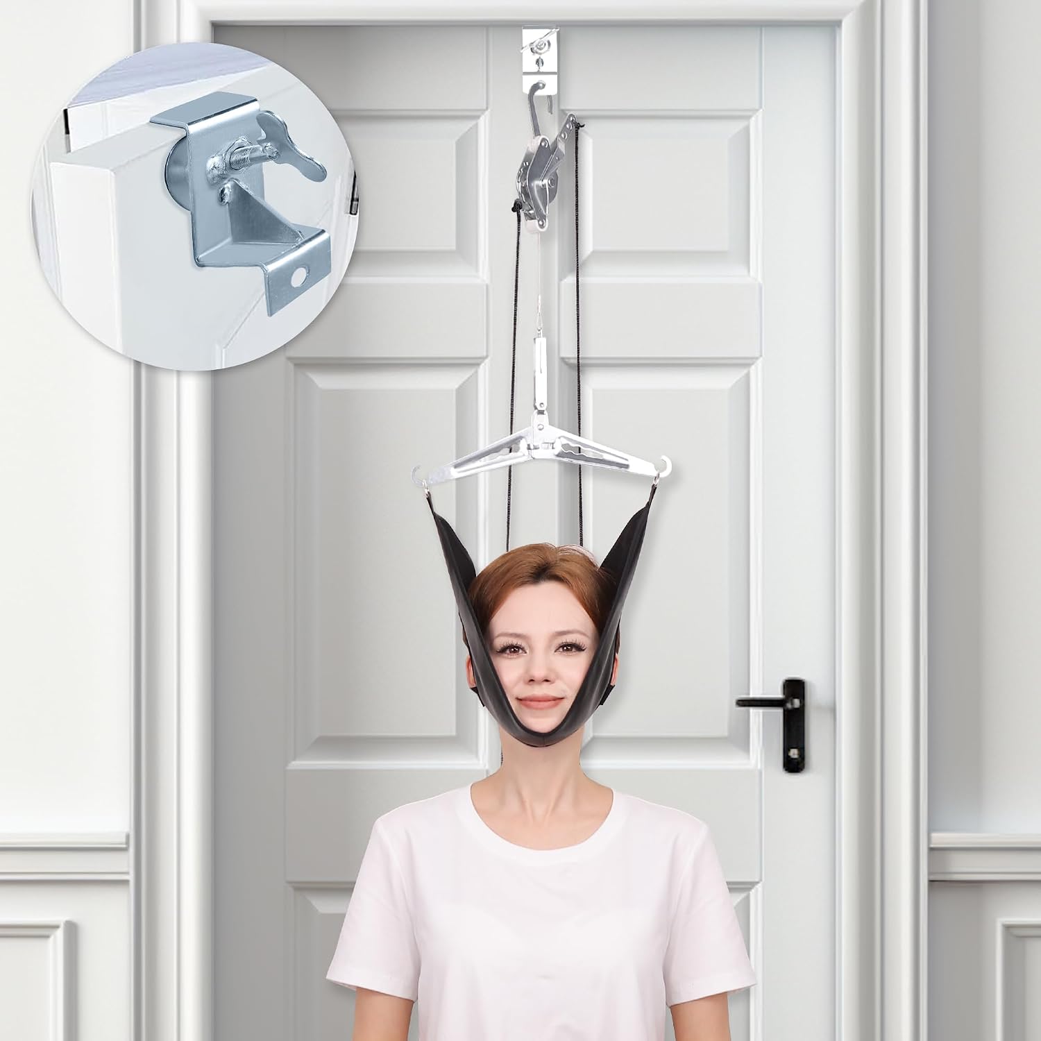 cervical neck traction device over-the-door, no need for handheld or water bag portable neck stretcher,effective home physical therapy for neck pain relief, 10 adjustable tension levels