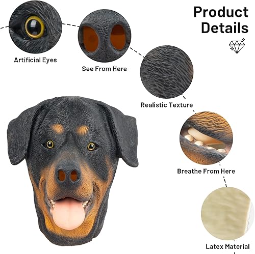 Miniatura 6 de PartyHop Rottweiler Máscara de cabeza de perro de látex animal de cabeza completa, máscaras realistas para Halloween, carnaval, fiesta de disfraces