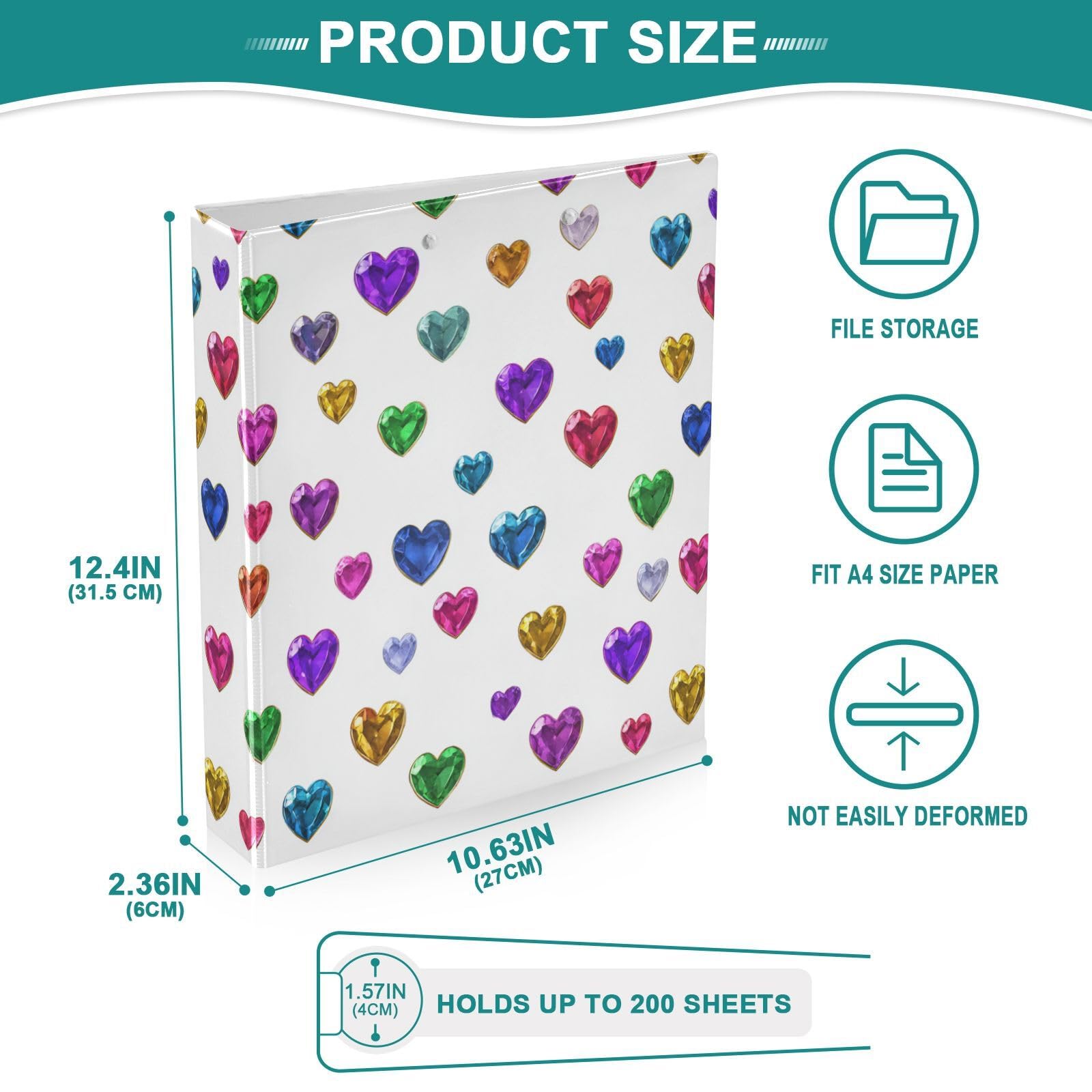 Kcldeci Raccoglitore a 3 anelli con copertina rigida, con gemme colorate a forma di cuore, 3,8 cm, 200 fogli, per ufficio, casa, rientro a scuola, confezione da 2