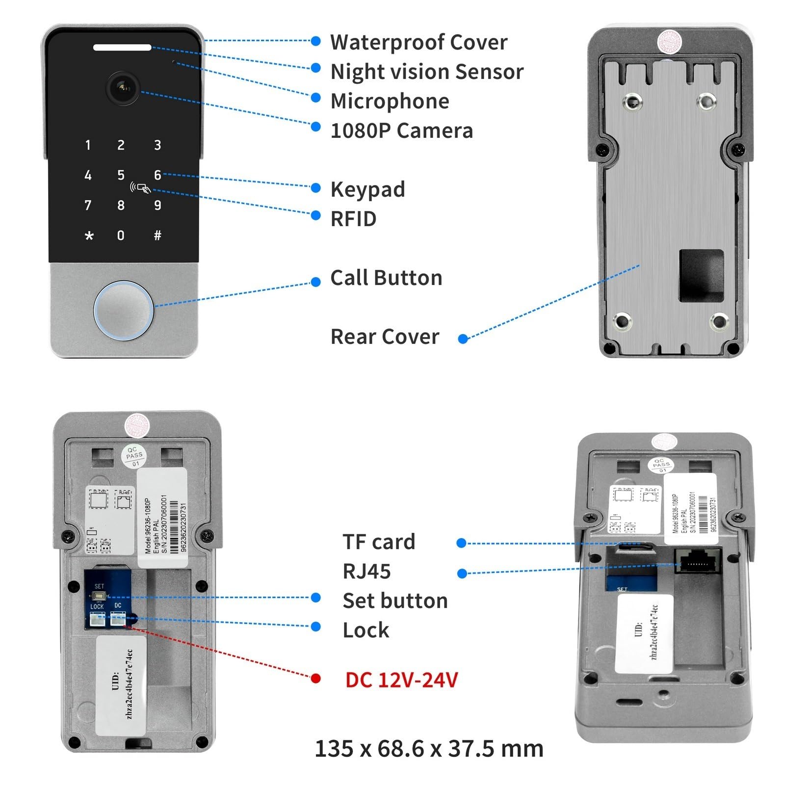 Sonnette sans Fil, visiophone Intelligent Tuya, déverrouillage RFID par Mot de Passe, Panneau d'appel en Alliage, étanche for l'extérieur, Connexion RJ45 Grand Angle