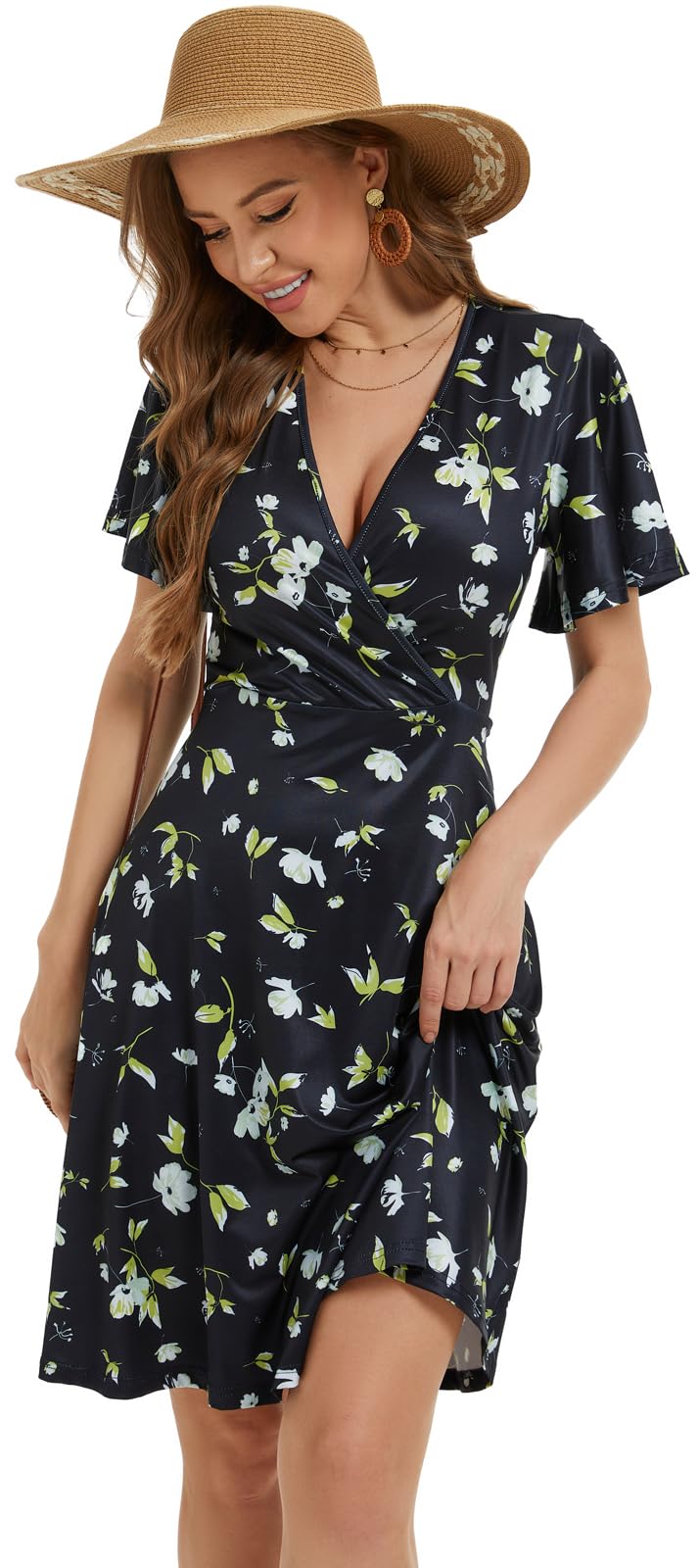 Women Casual Summer Dress 2025 Beach Vacation Floral Sundress Short Sleeve Wrap V-Neck Modest Dresses