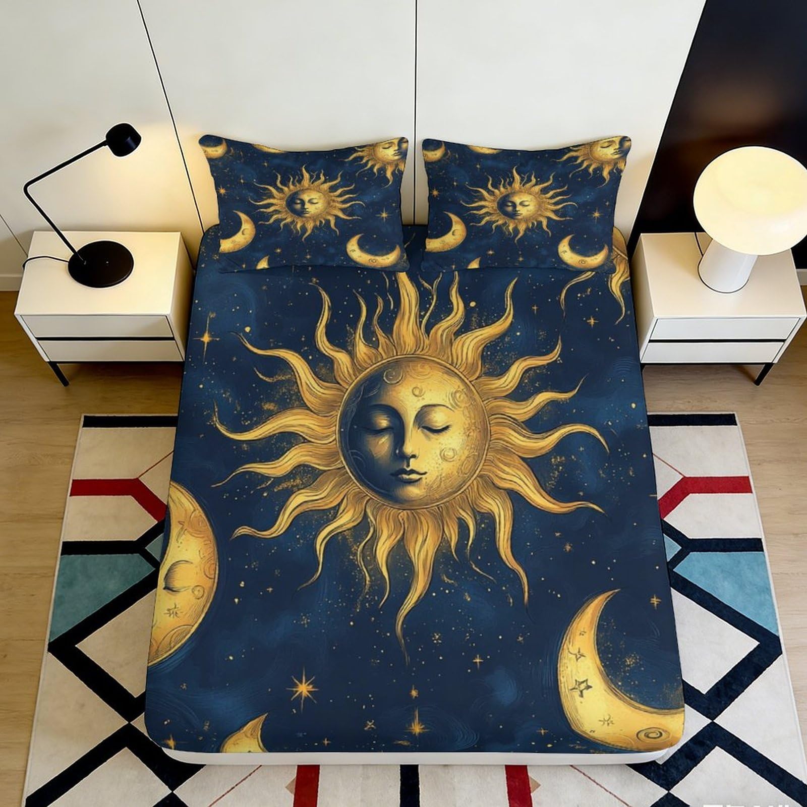 3D Printed Golden Sun Moon Fitted Sheet Microfiber Soft Anti-Slip Starry Sky Mattress Cover for Bedroom Dorm Decor 90x200x25cm