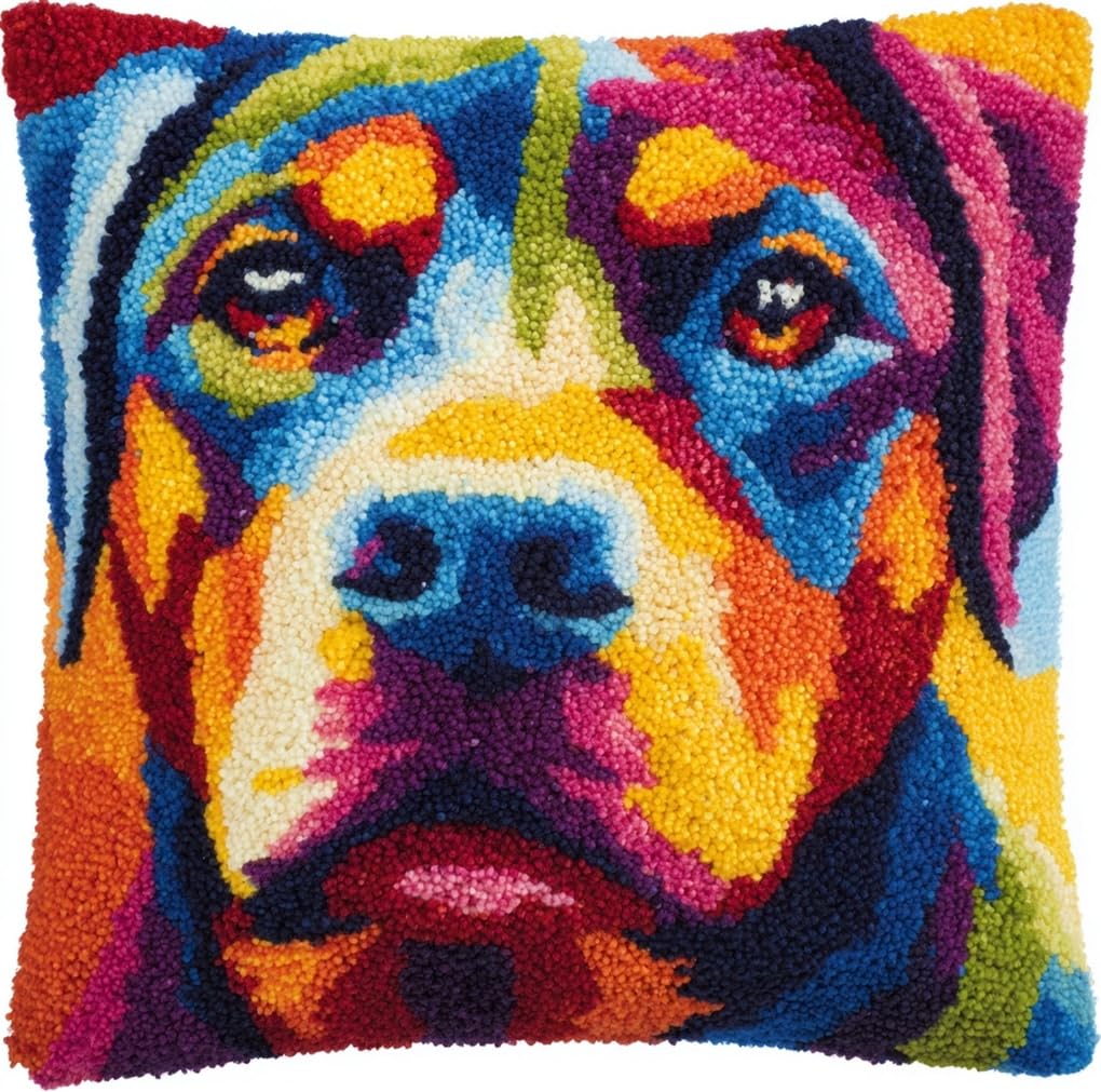 Taxpy Latch Hook Pillow Kits Colorful Dog 17X17Inch DIY Handmade Crochet Yarn Needlework Hook and Latch Kit Printed Canvas Carpet Cushion Cover Home Christmas Decoration