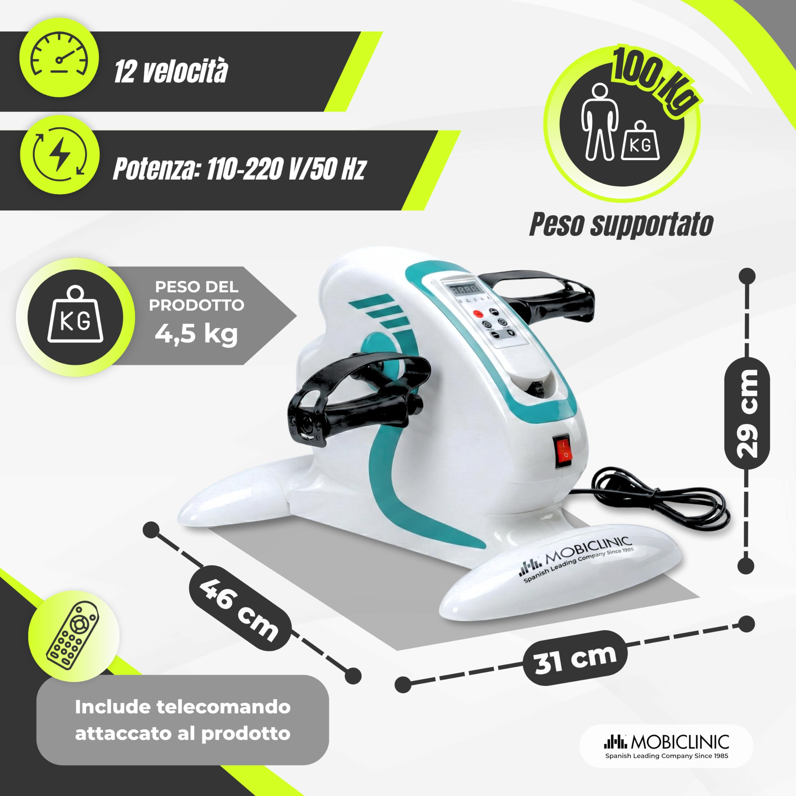 Mobiclinic®, Pedaliera Riabilitazione, 12 Livelli di Velocità, Pedalata Assistita, Bidirezionale, Display Multifunzione, Timer, per Gambe e Braccia, Mini Bike, Pista